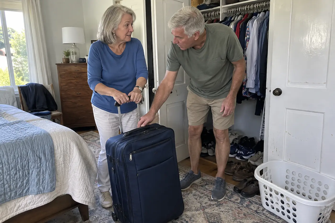 A woman in her sixties tests the handle of a suitcase in a bedroom closet.