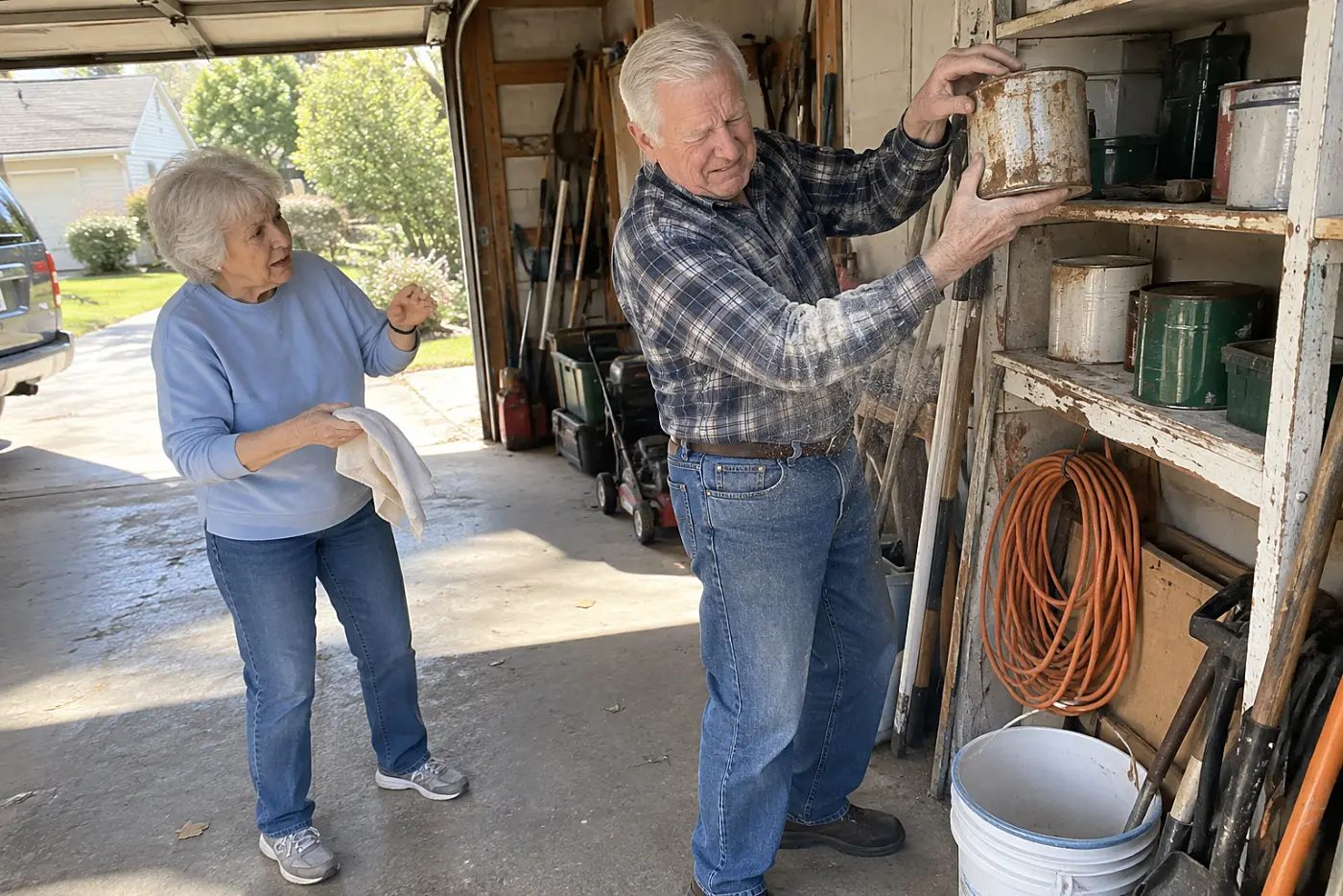 A man in his seventies lifts an old paint can from a garage shelf.