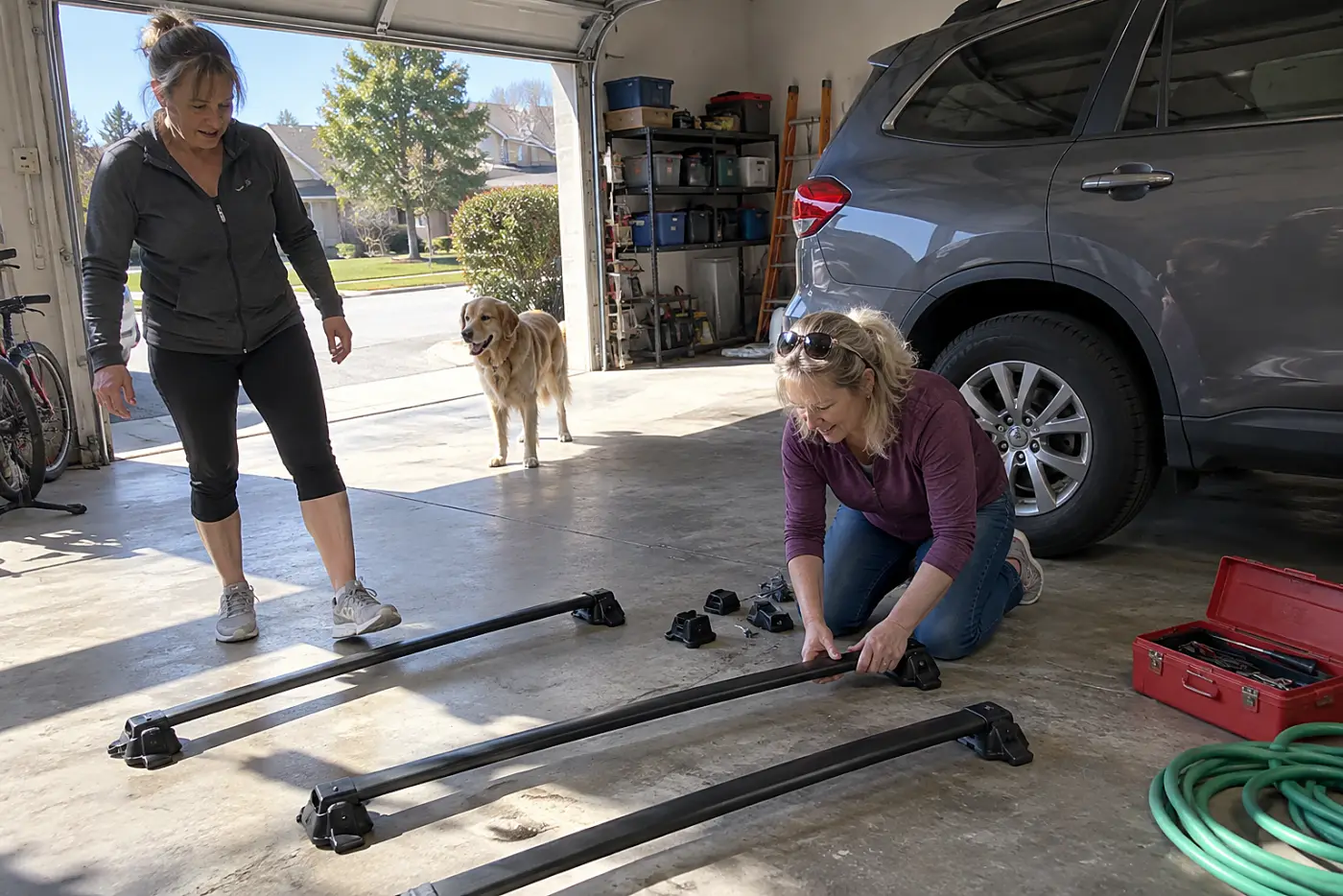 A woman in her fifties lays roof rack parts on the floor of a garage.