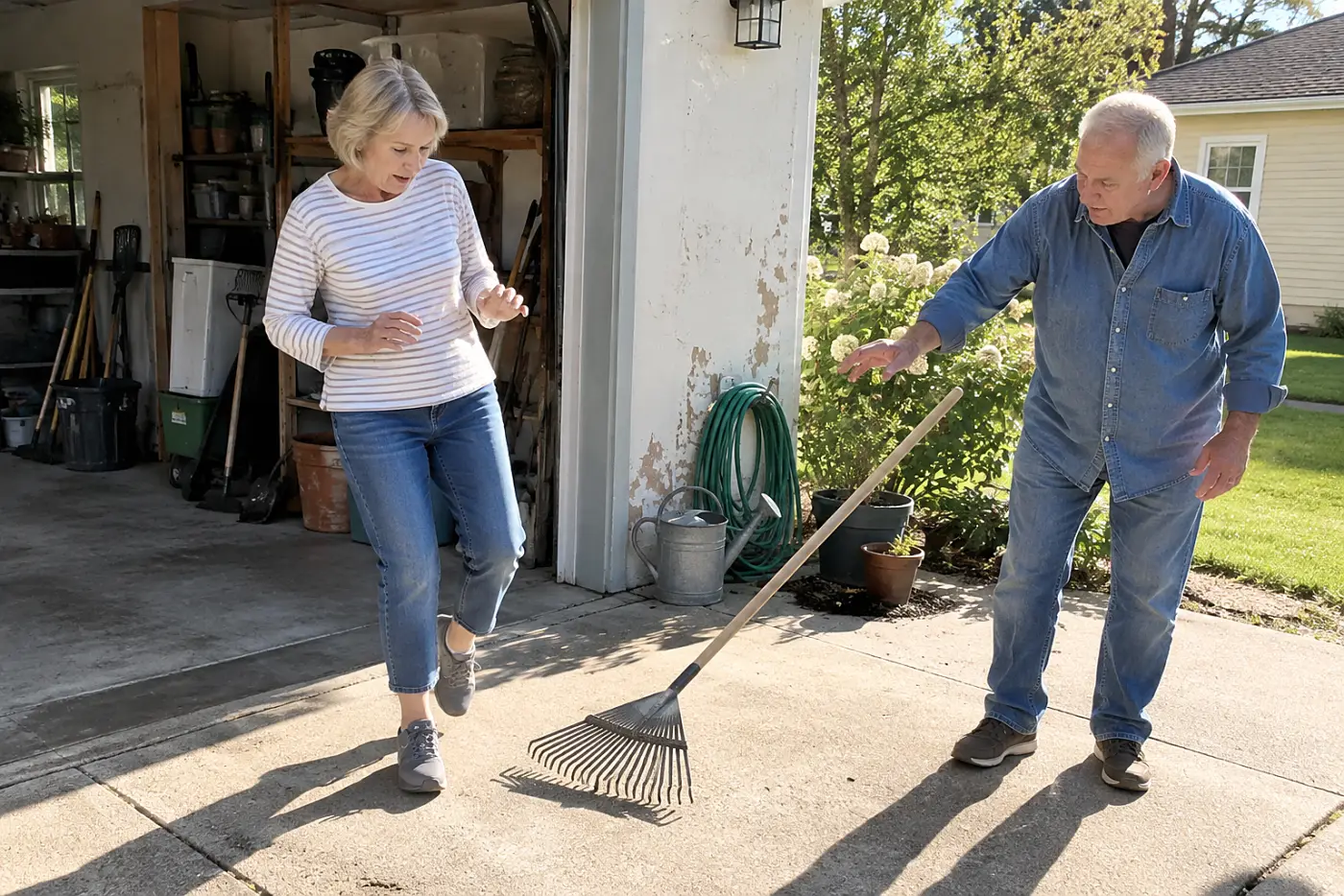 Older woman sorting garden tools beside a garage wall.