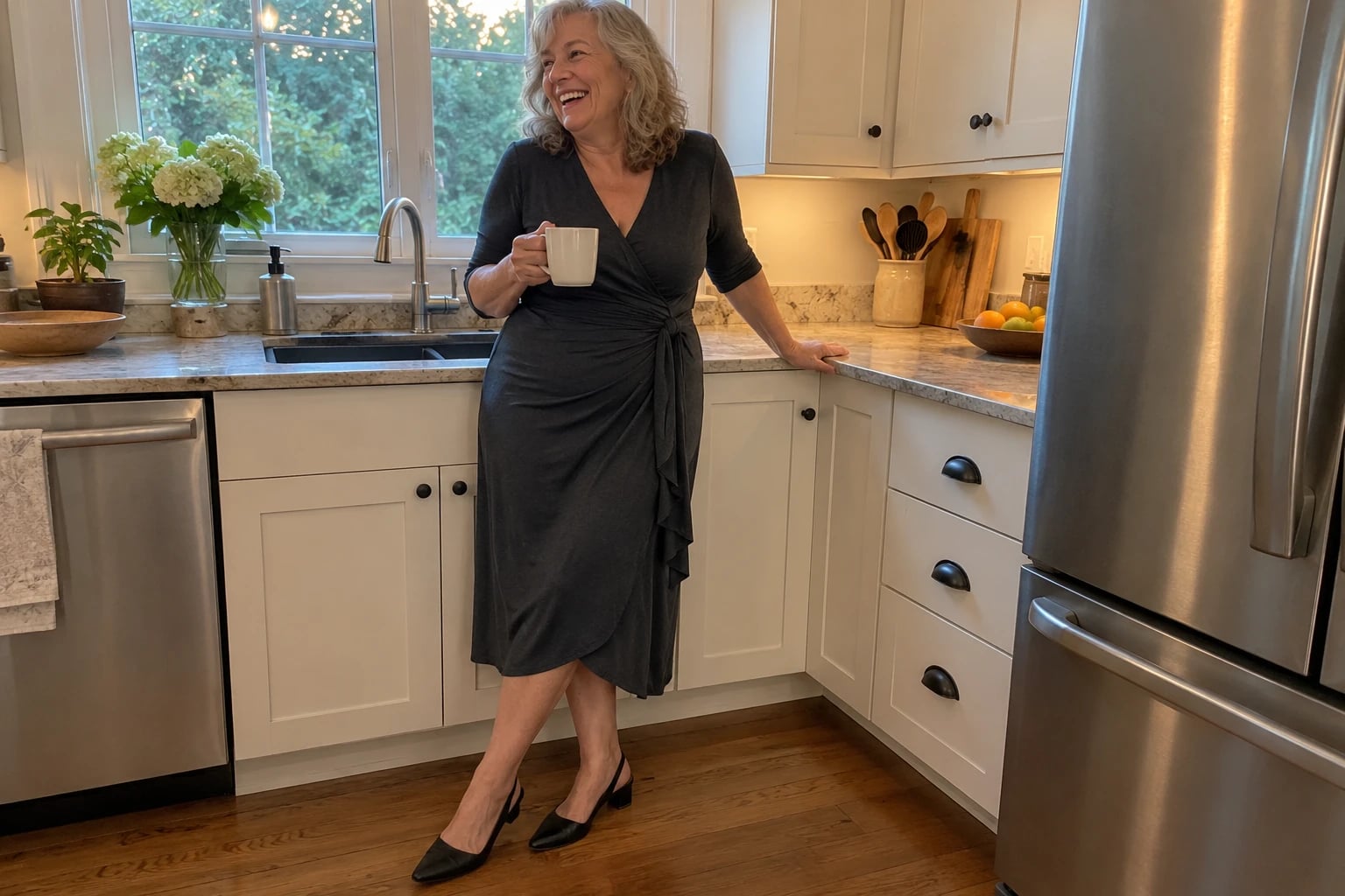 A woman in her sixties leans against her kitchen counter holding a mug, wearing a charcoal wrap dress and black slingbacks.