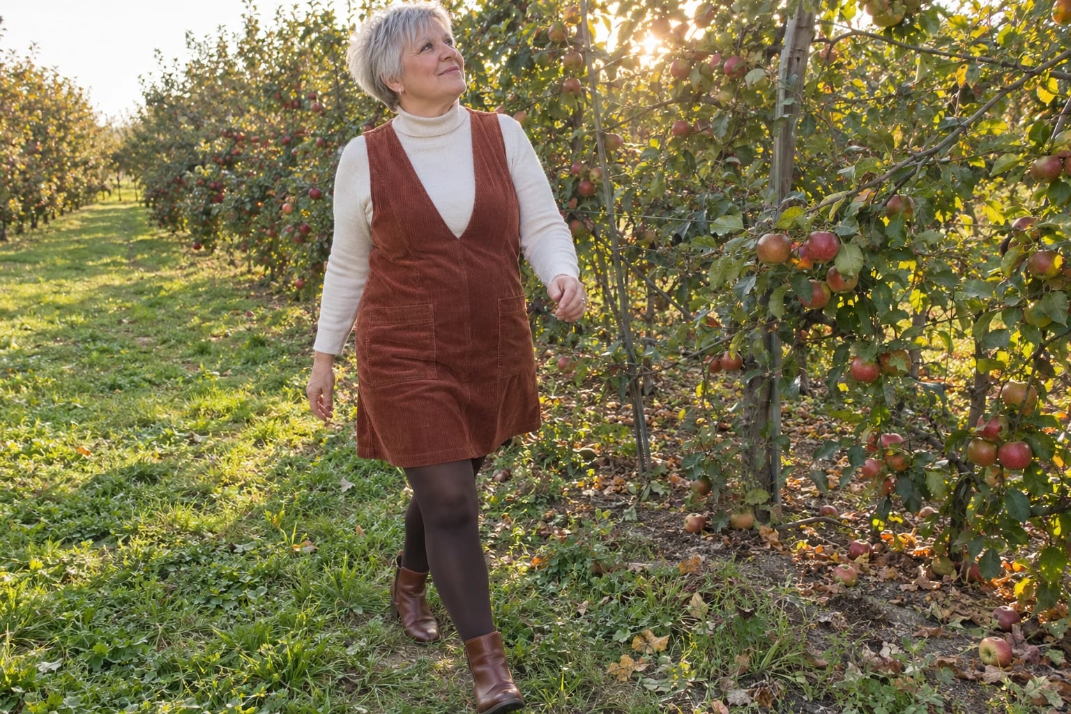 A woman in her fifties walks an apple orchard wearing a rust corduroy jumper over a cream turtleneck with brown boots.