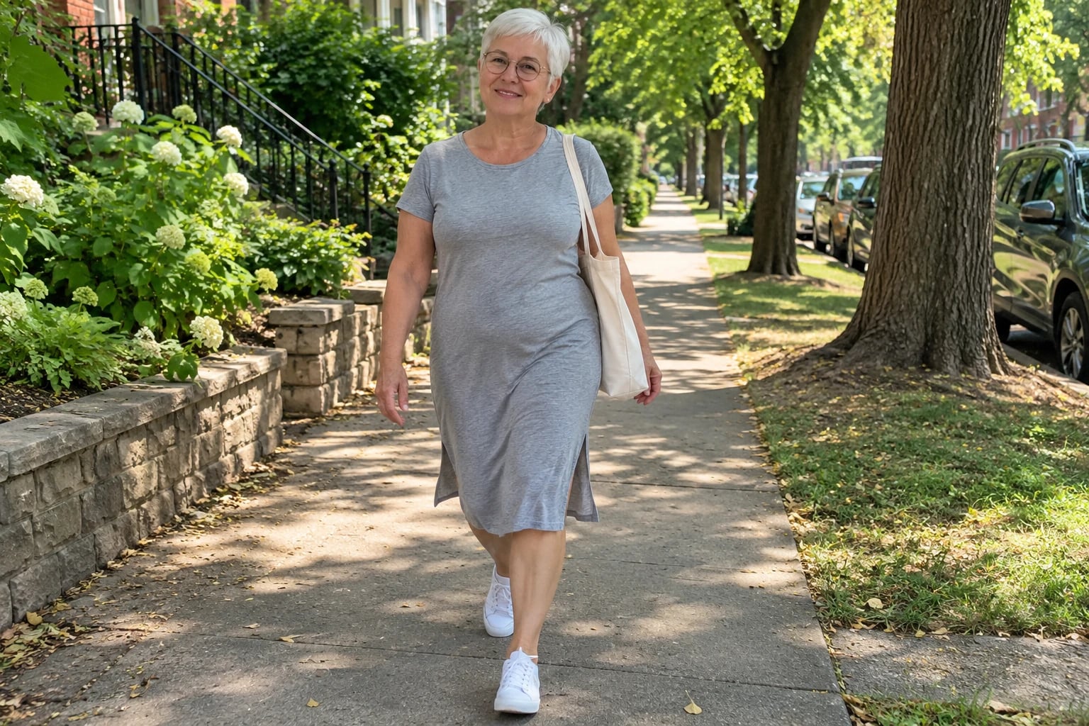 A woman with short gray hair and round glasses walks a tree-lined sidewalk in a heather-gray dress and white sneakers.