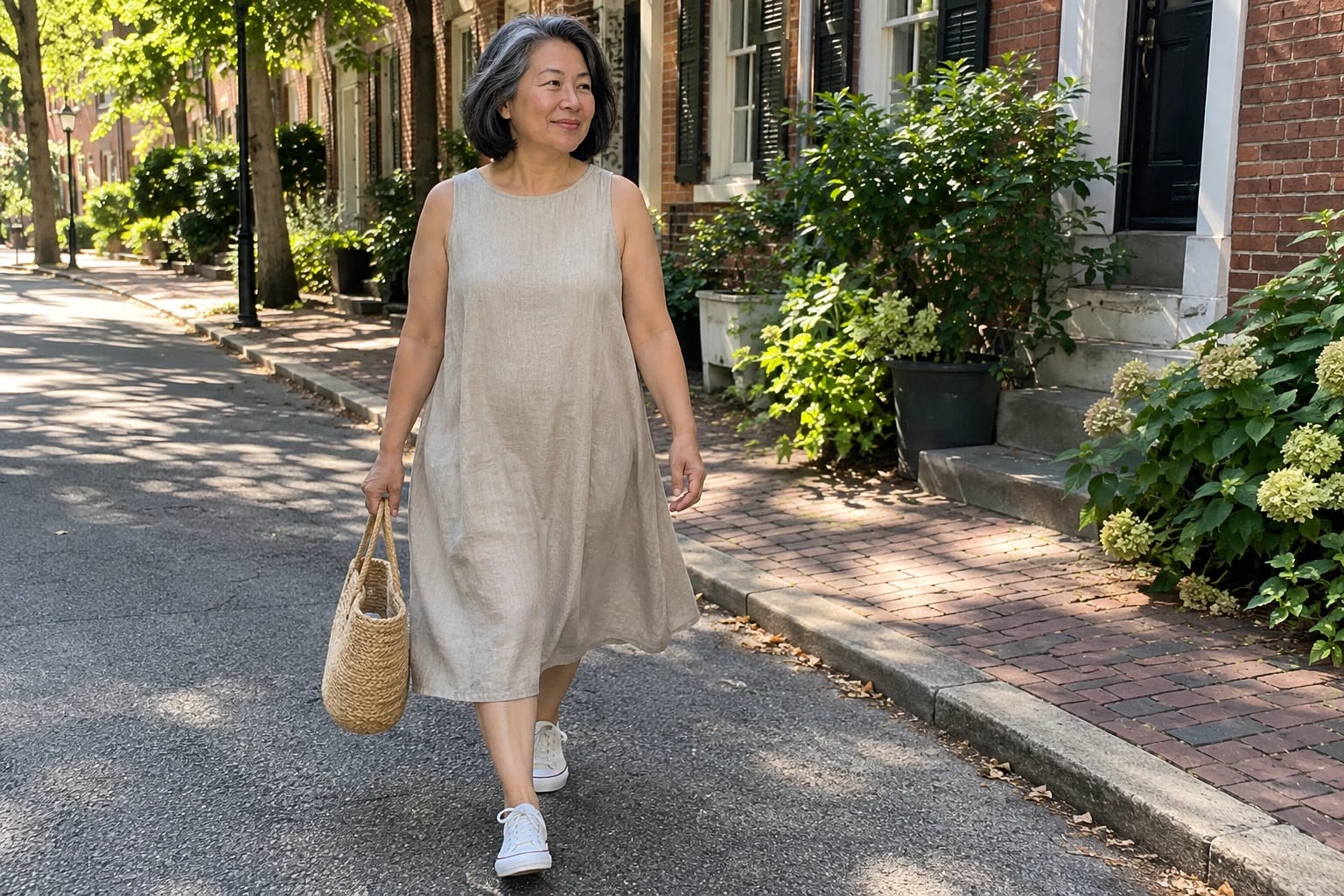 A woman in her mid-fifties strolls a brick street in an oatmeal linen A-line dress carrying a straw bag.