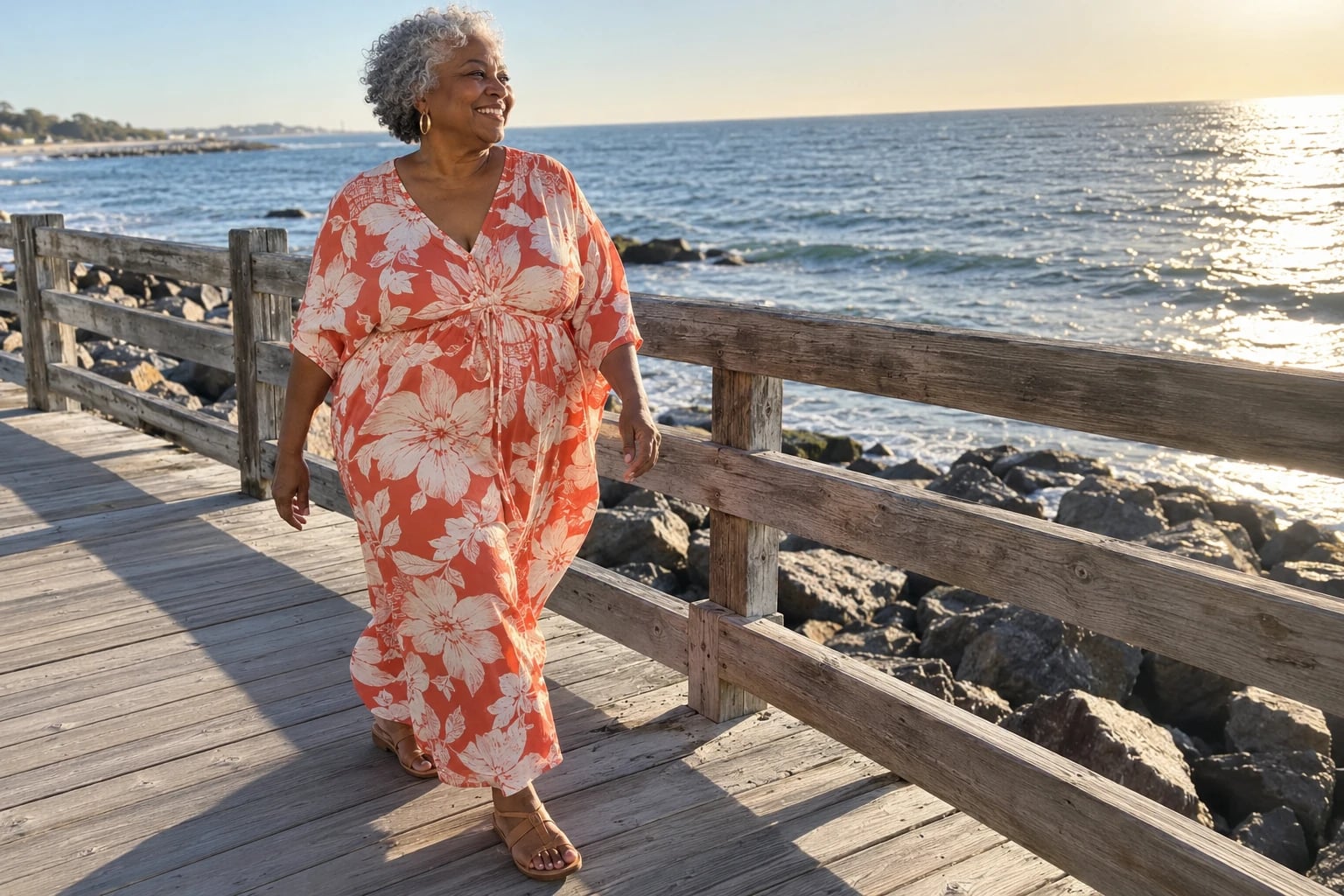 A woman in her sixties walks a seaside boardwalk in a coral floral kaftan with tan sandals and gold hoops.