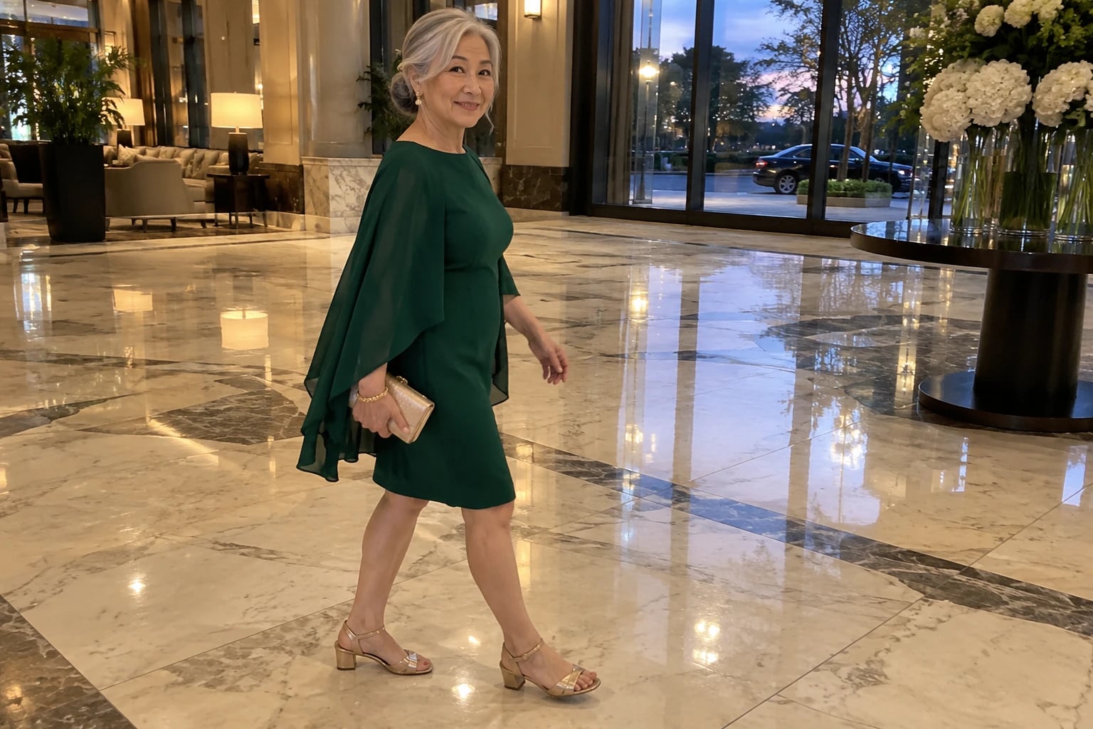 A woman in her sixties walks across a marble hotel lobby in an emerald cape-sleeve dress and gold sandals.