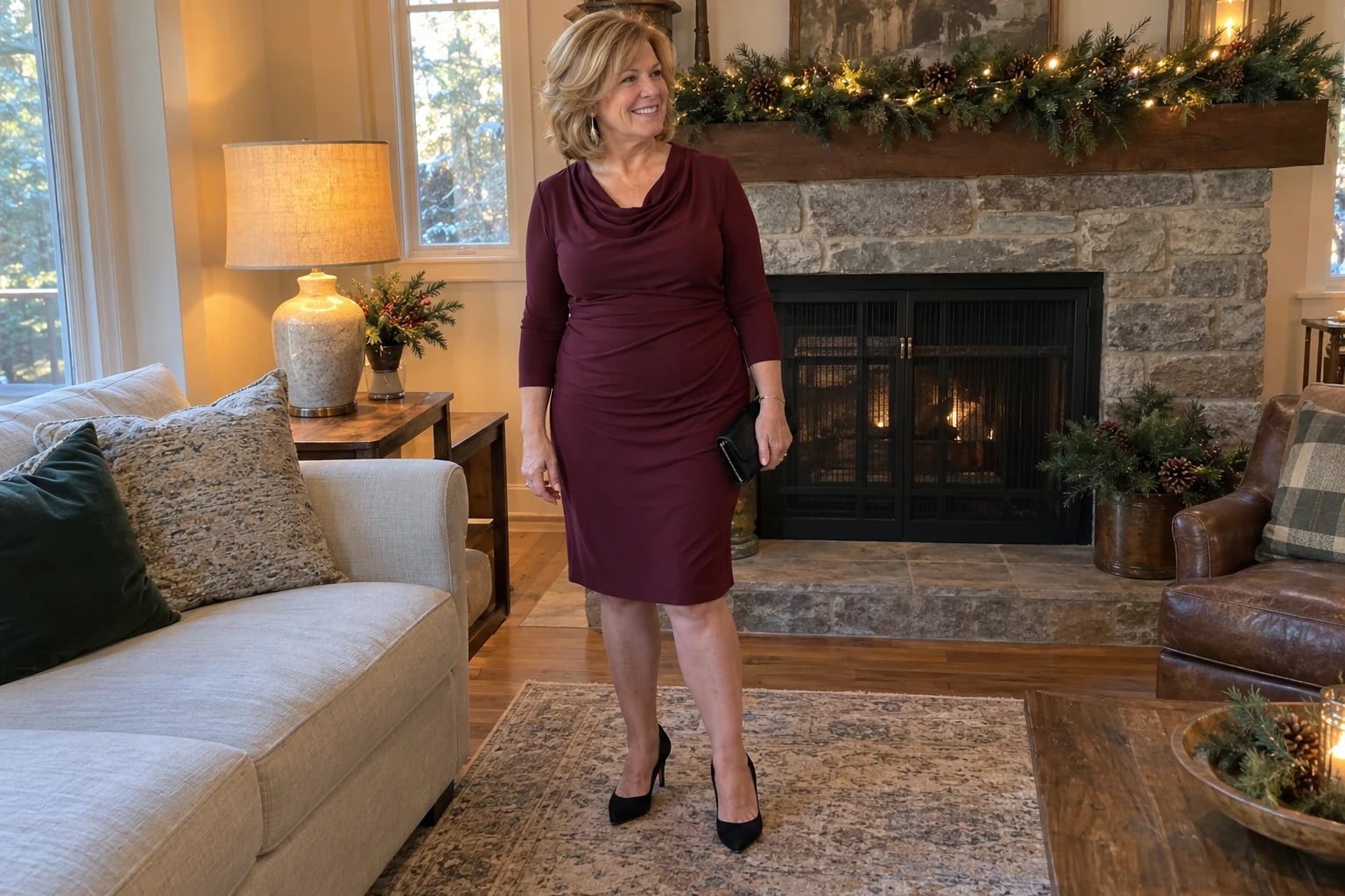 A woman in her sixties stands by a garland-draped fireplace in a wine cowl-neck dress and black pumps, holding a clutch.