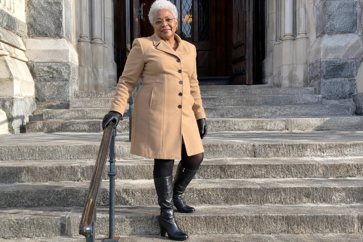 A woman with short white hair descends stone church steps in a camel coatdress and black boots.