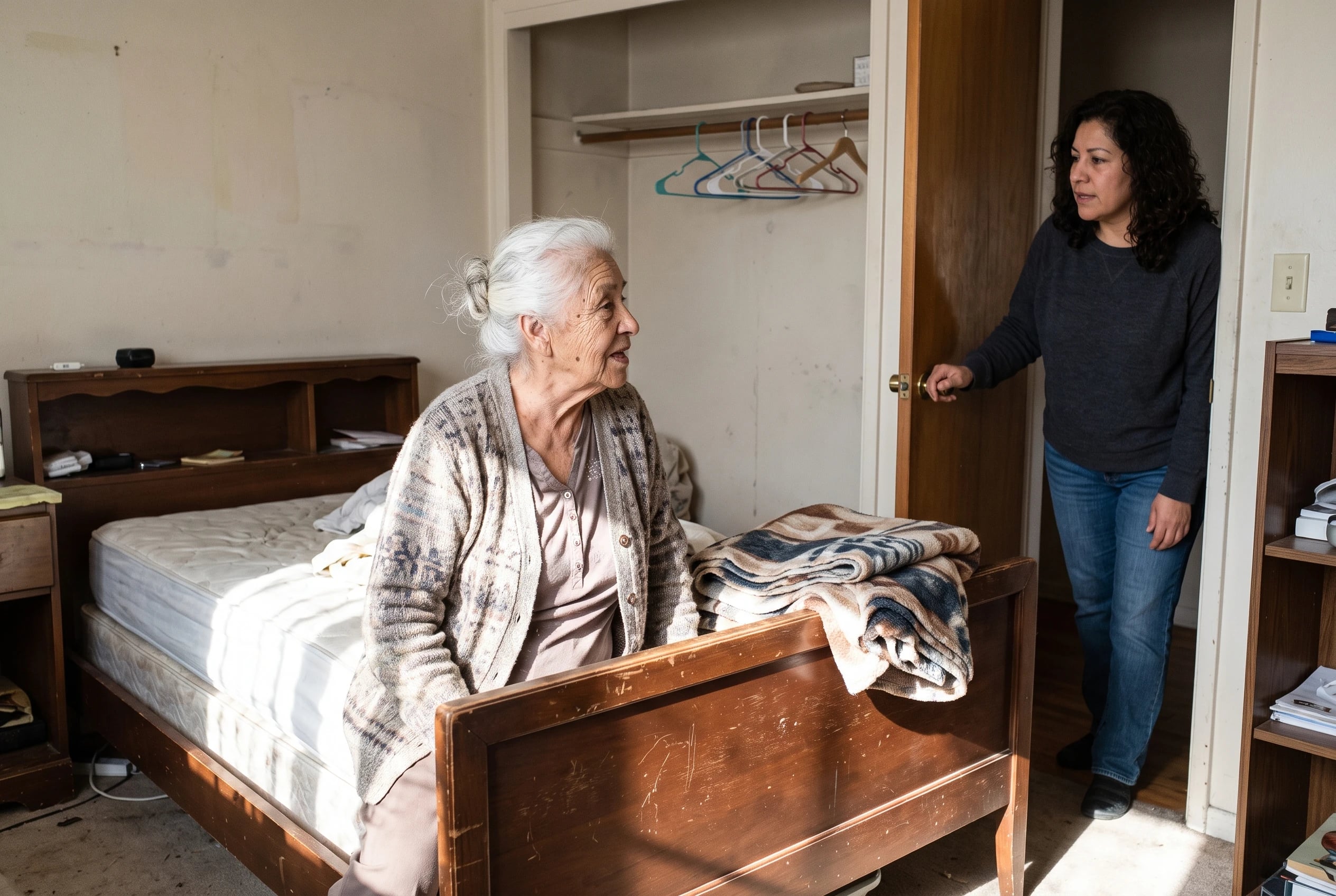 A woman sits on the edge of an empty bed in her child's old room.