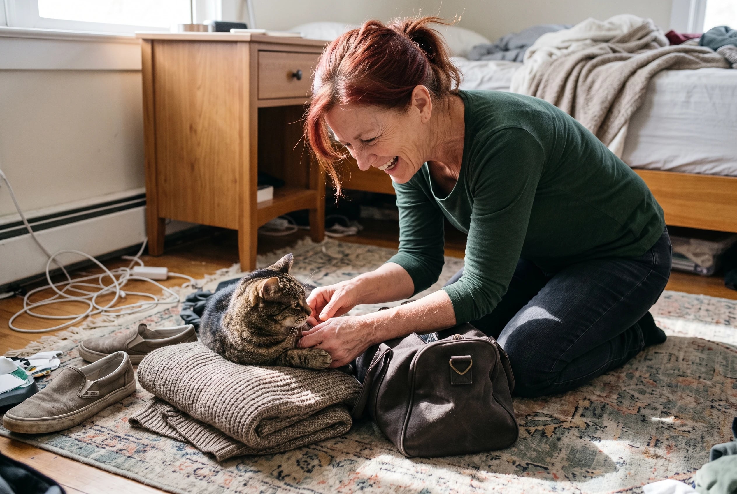 A woman packs a small overnight bag on her bedroom floor.