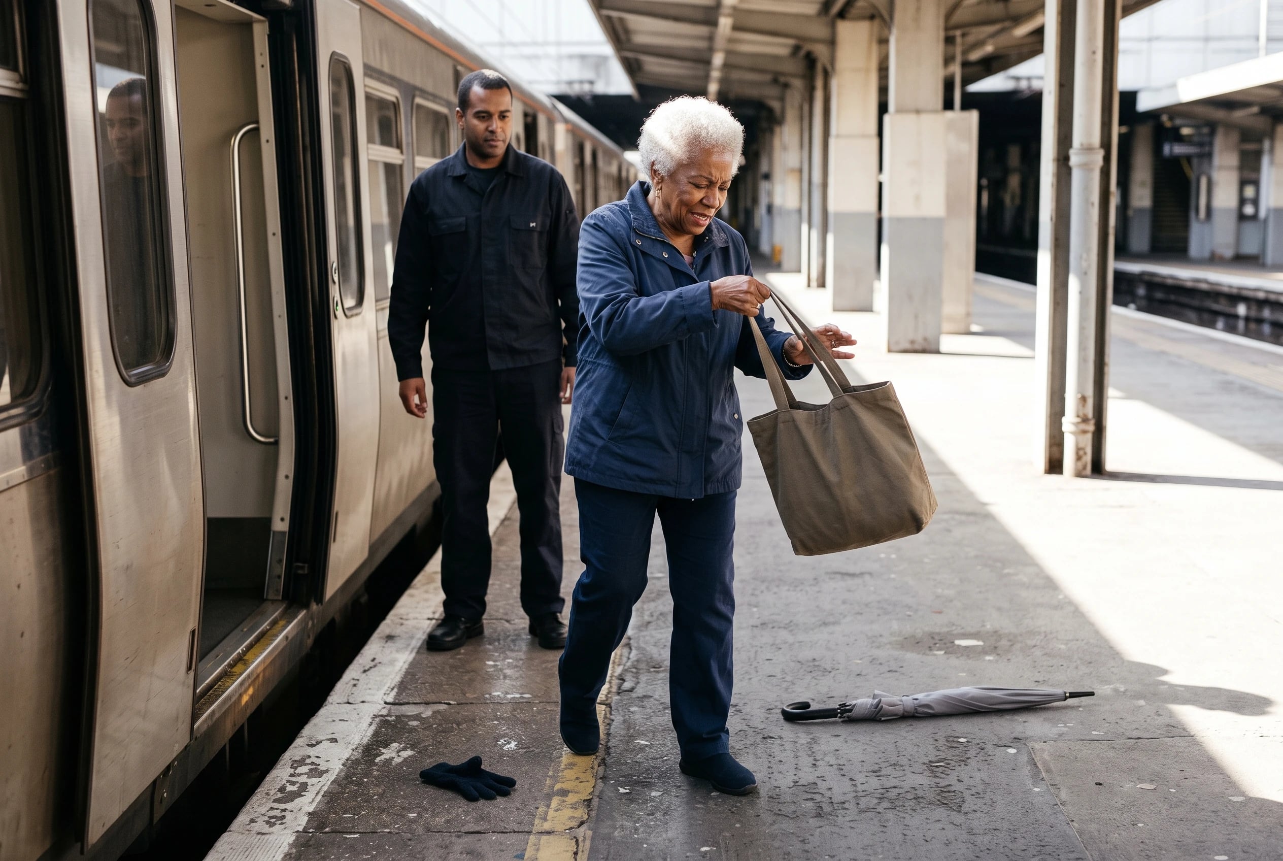 A woman steps off a train onto a station platform by herself.