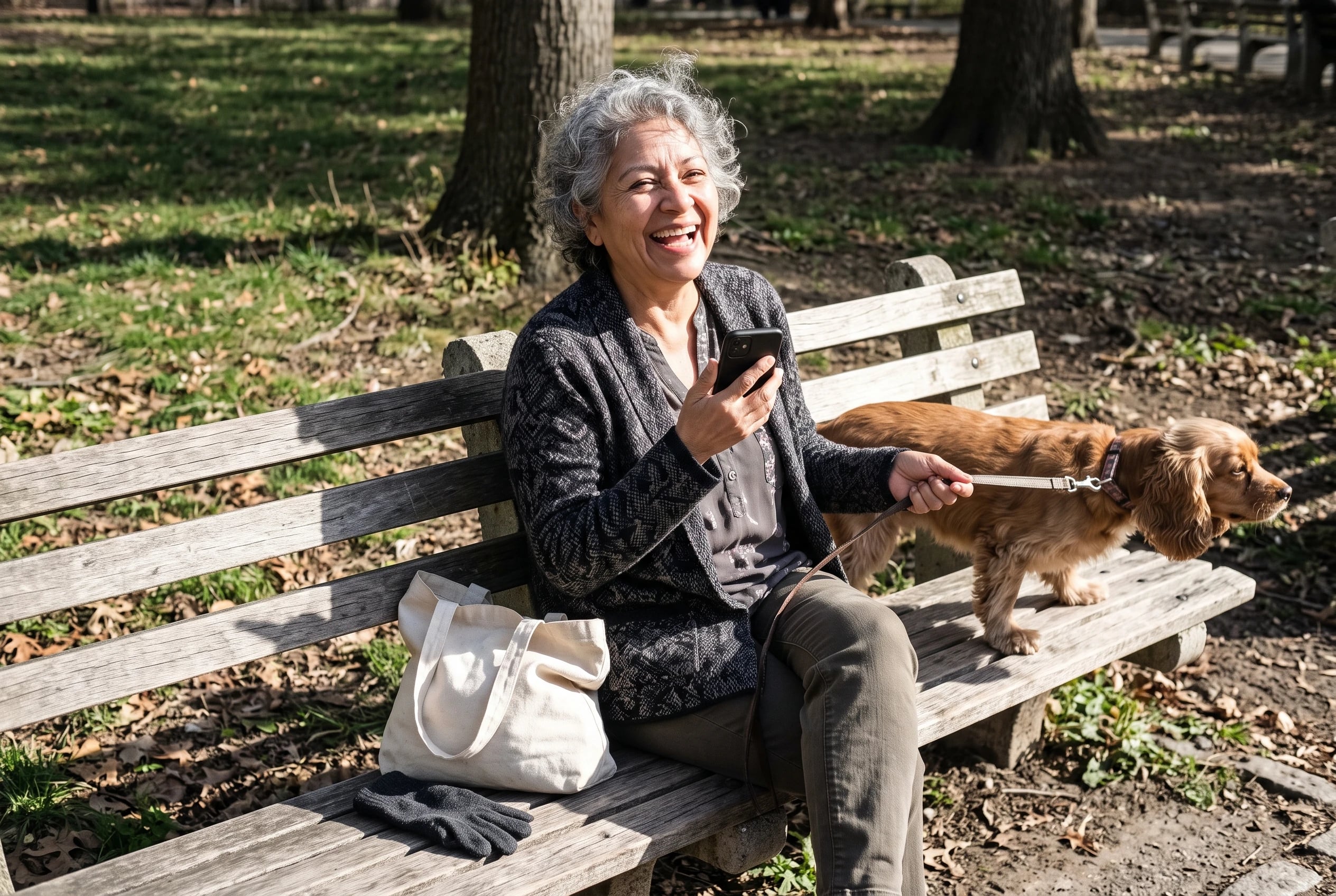 A woman sends a voice message while sitting on a park bench.
