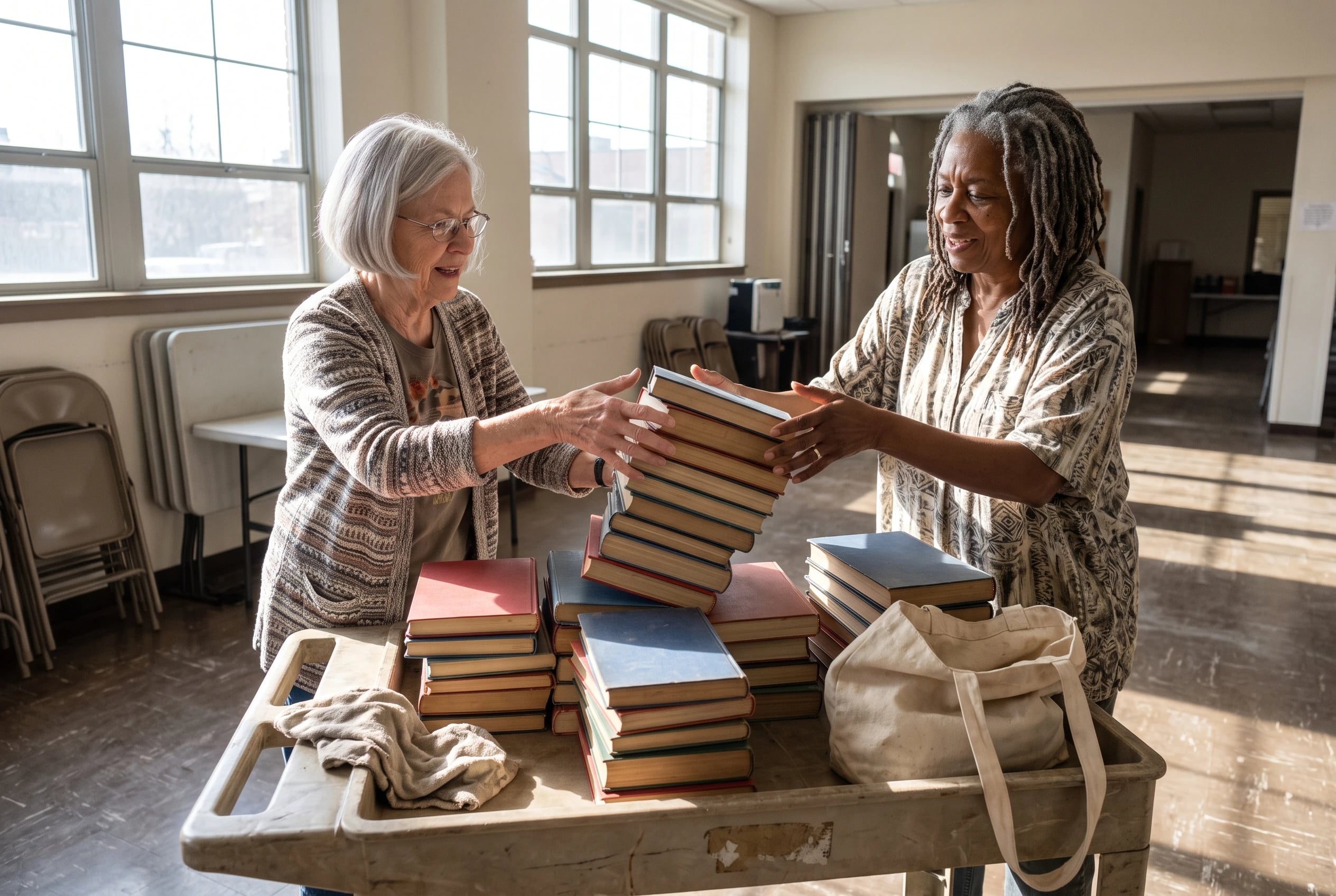 A woman sorts donated books with another volunteer at a community center.