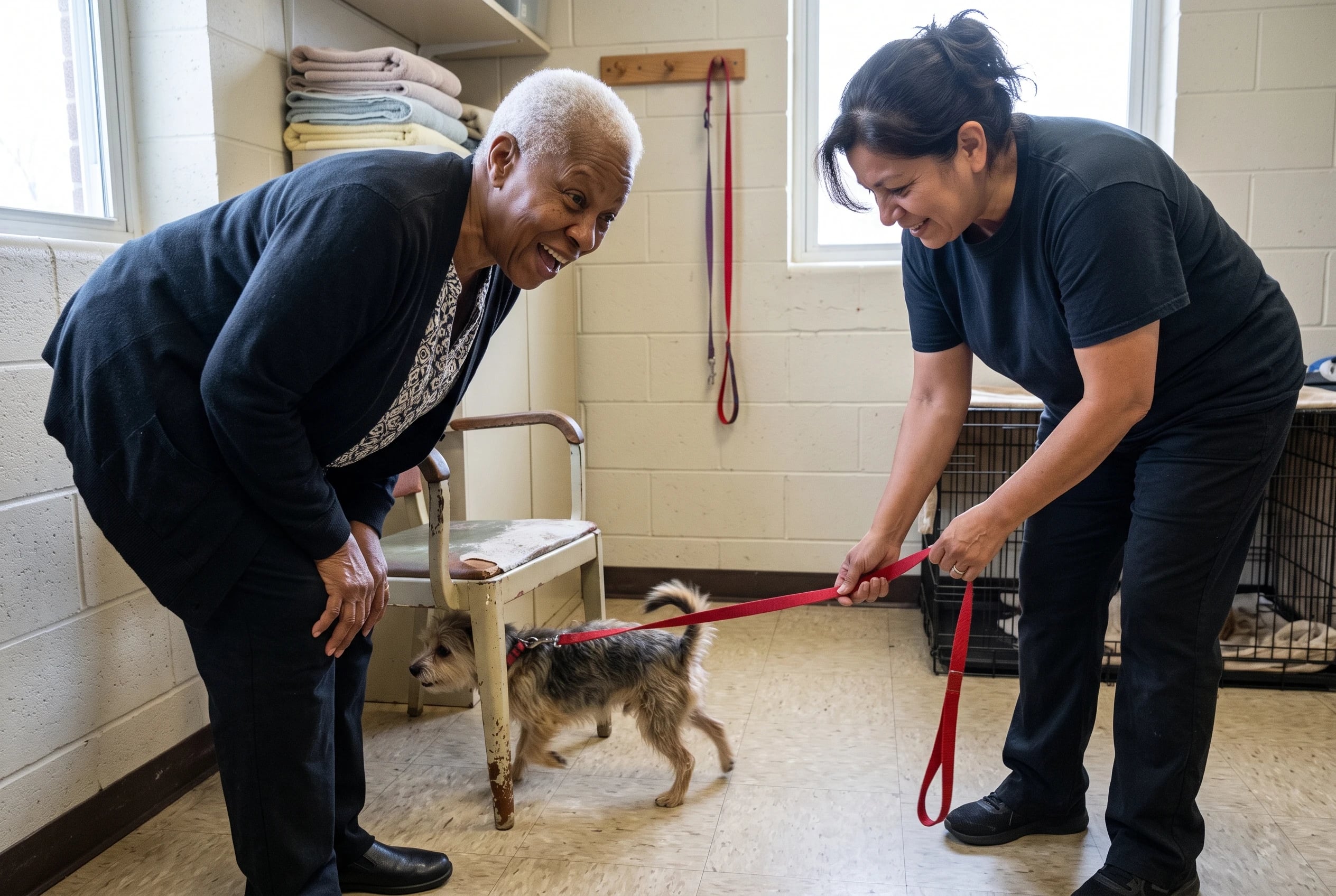 A woman meets a dog with a shelter worker in an adoption room.