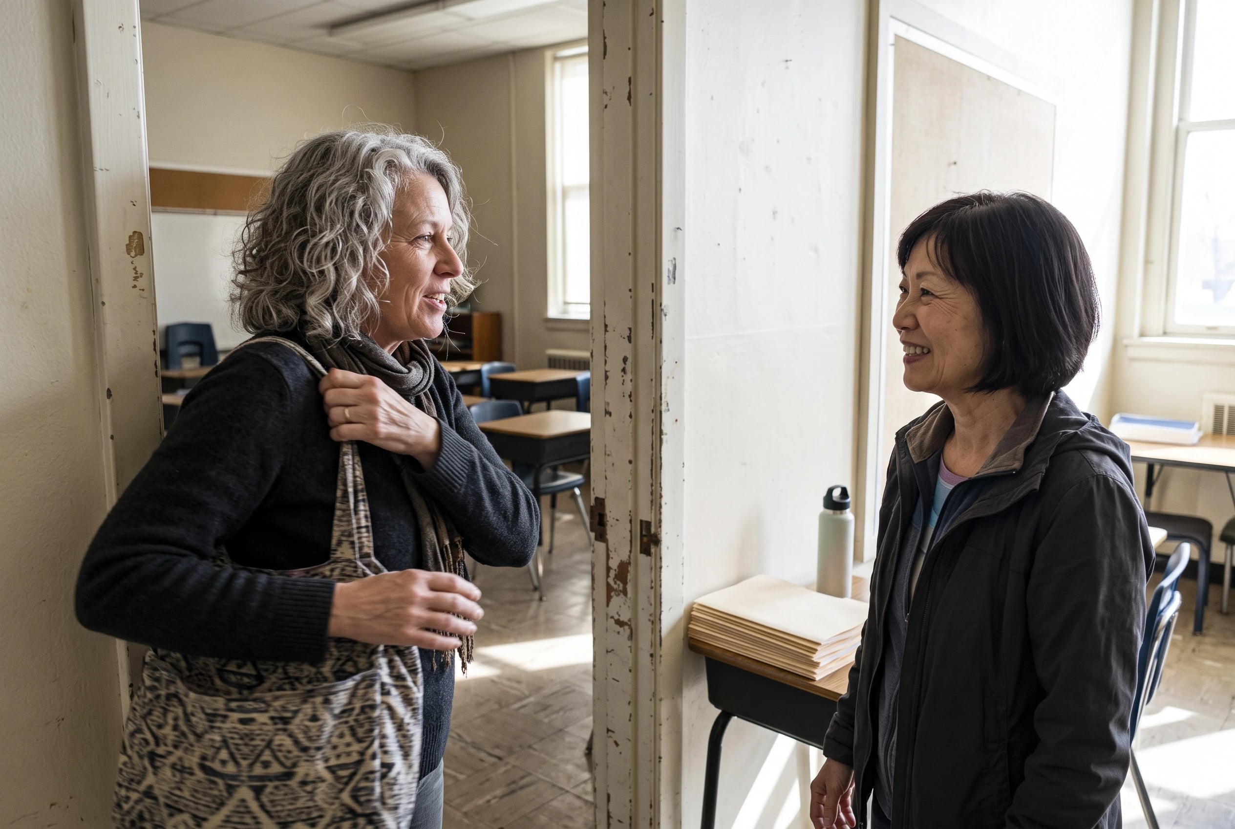 A woman chats with a classmate beside a classroom doorway.