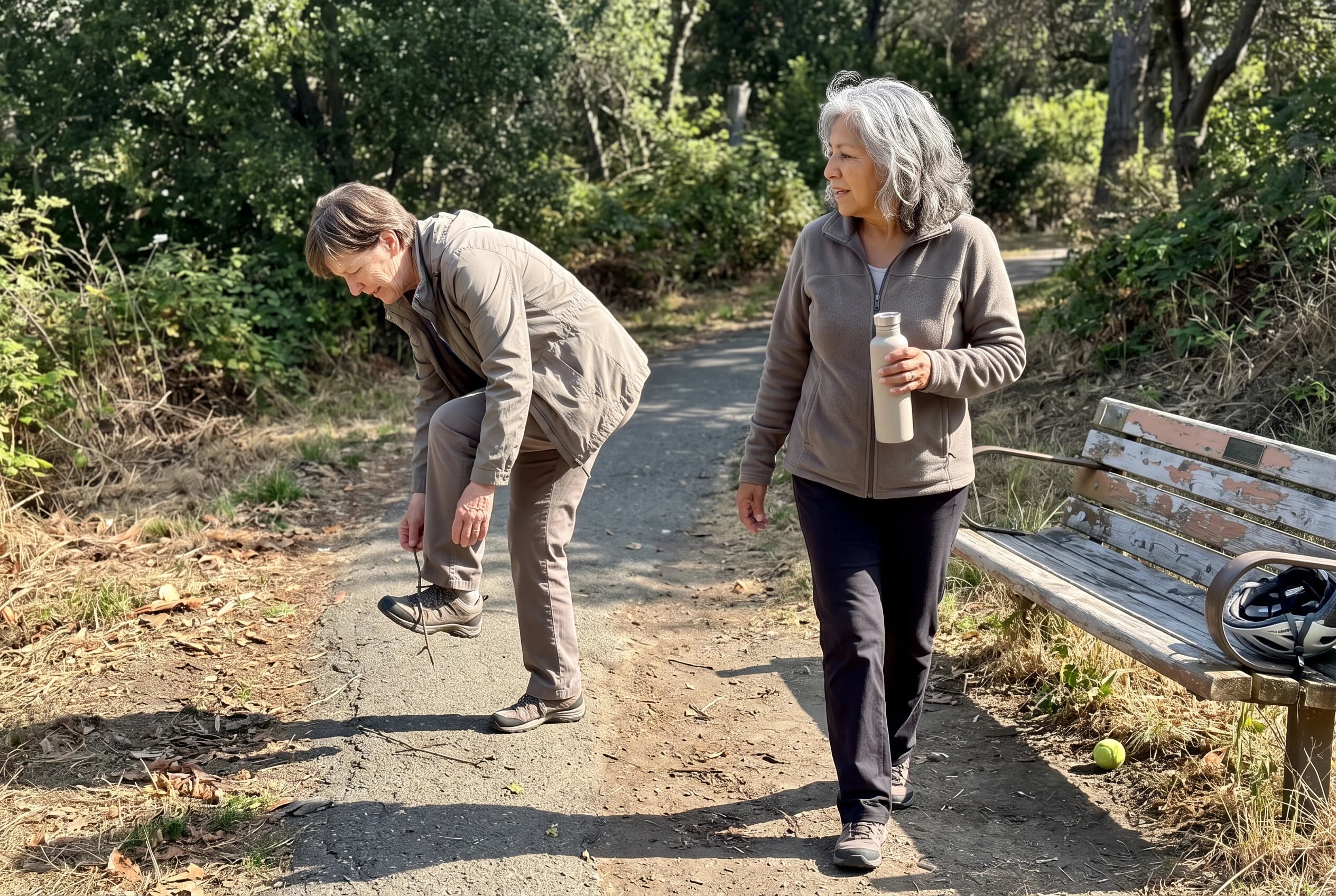 A woman walks up a park path carrying a water bottle.