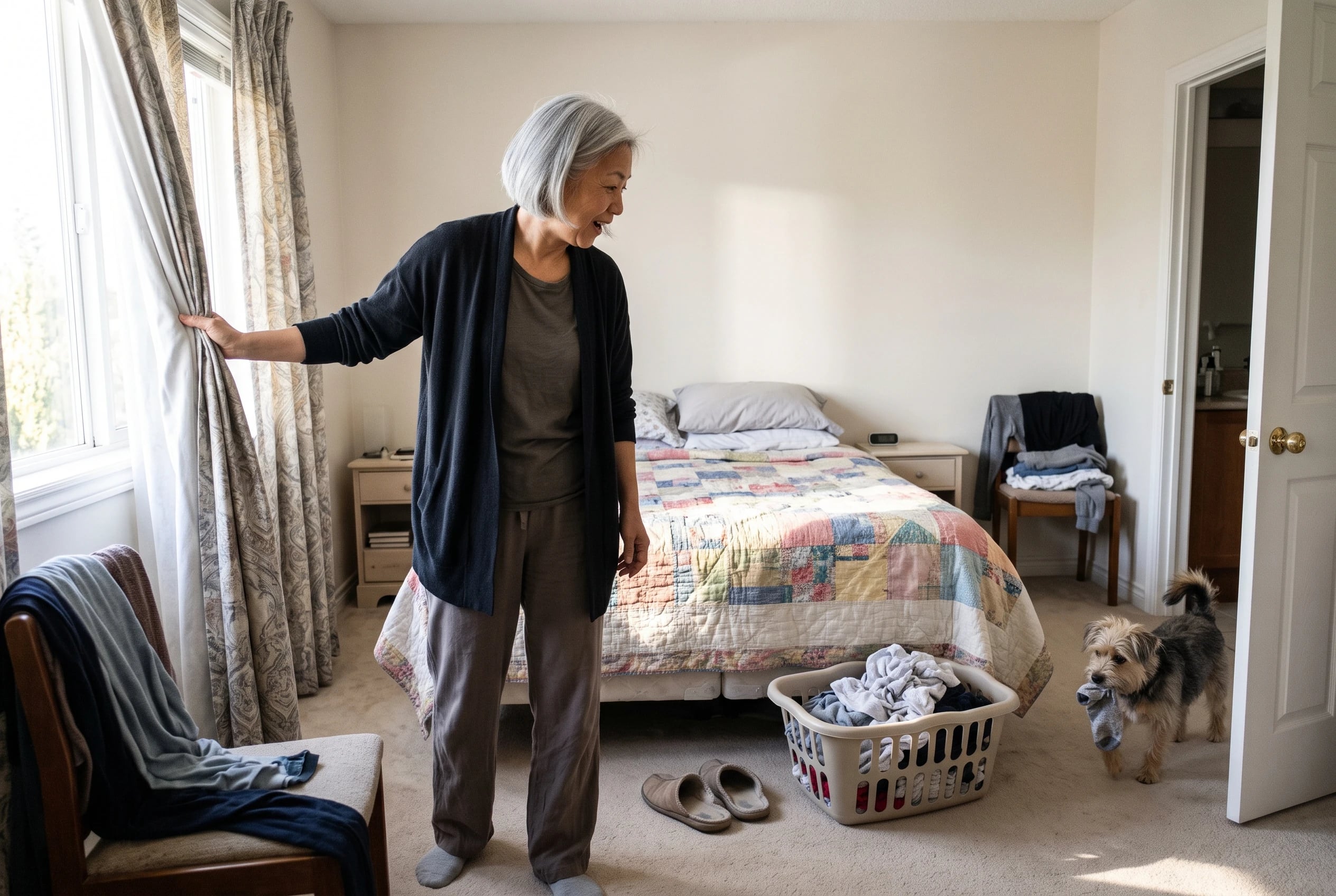 A woman opens her bedroom curtains beside a made bed in the morning.