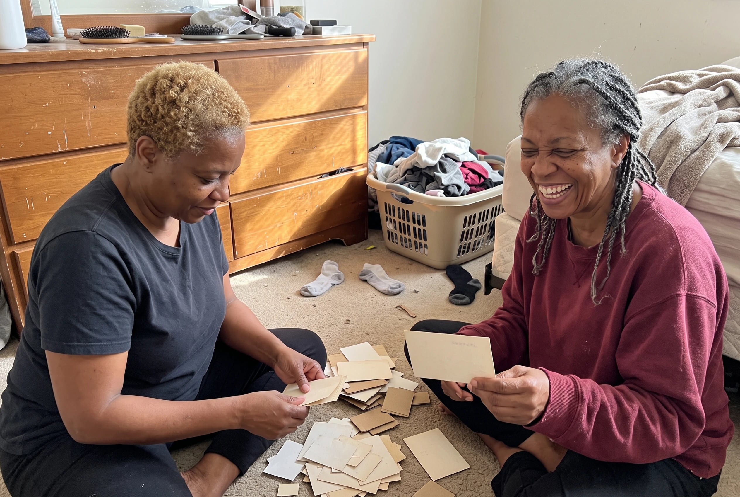 A woman sorts theater tickets and postcards on her bedroom floor.