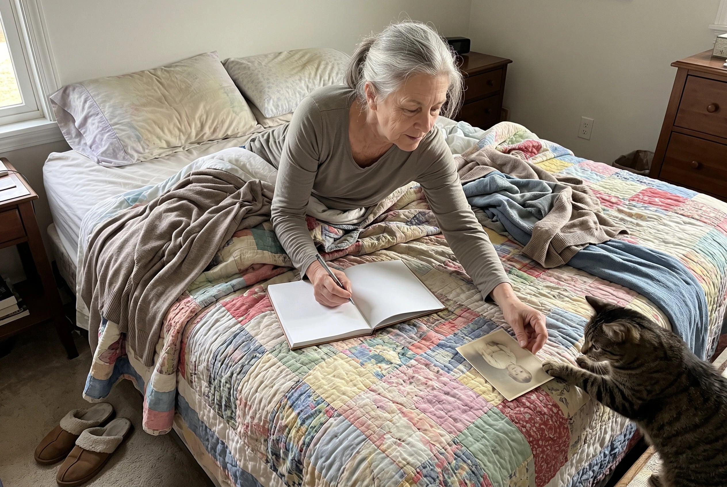 A woman writes in a journal on her bed beside an old school photo.