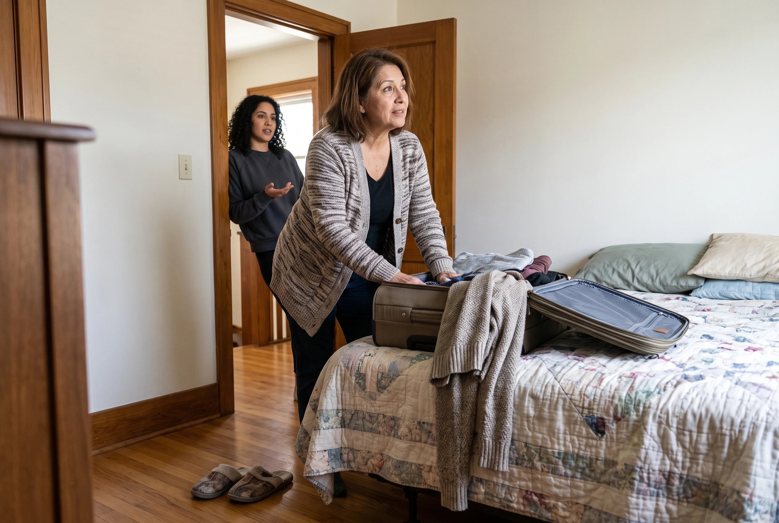 A woman speaks with her adult child beside an open suitcase in a guest room.