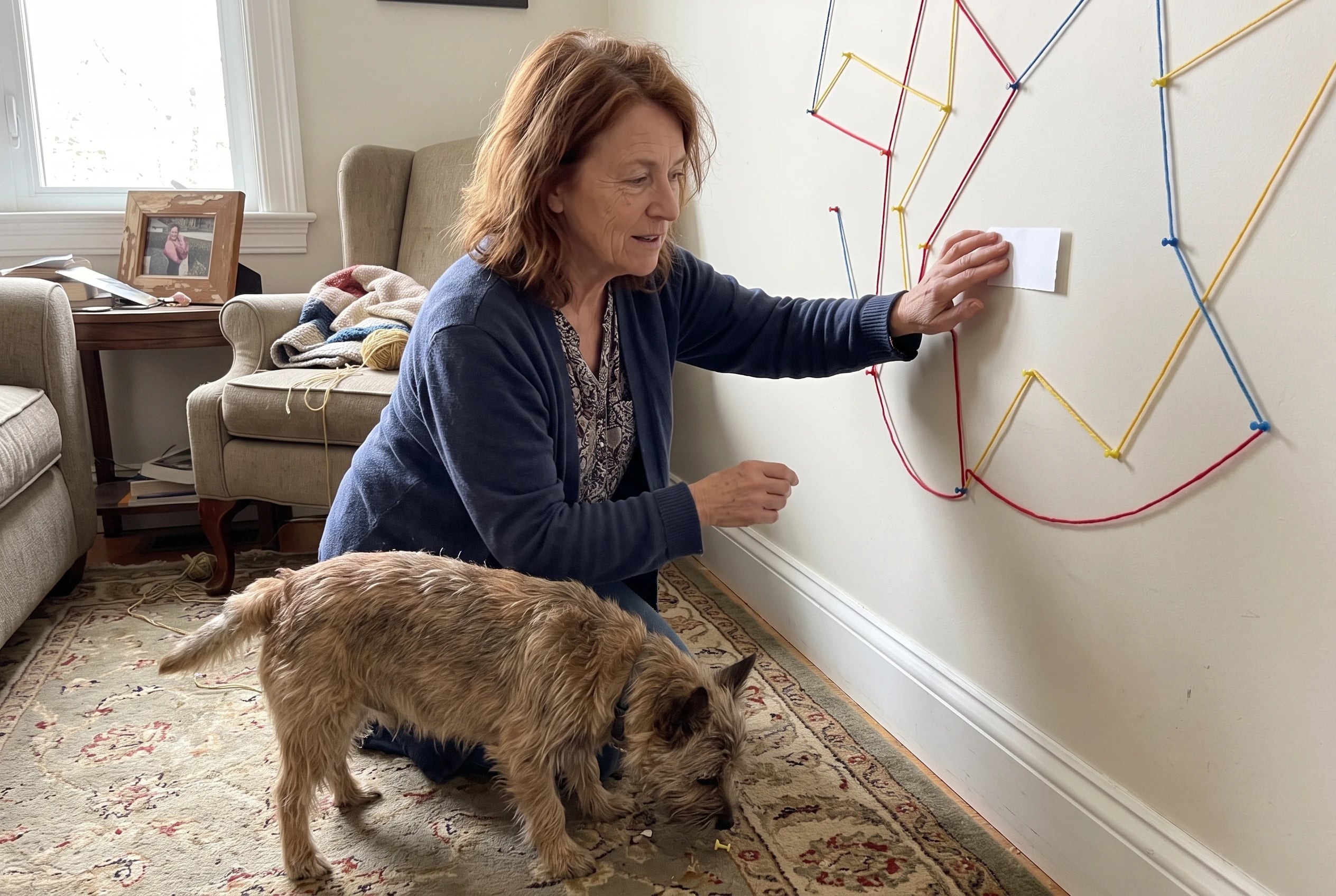 A woman pins a concert ticket beside a walking route on her living room wall.