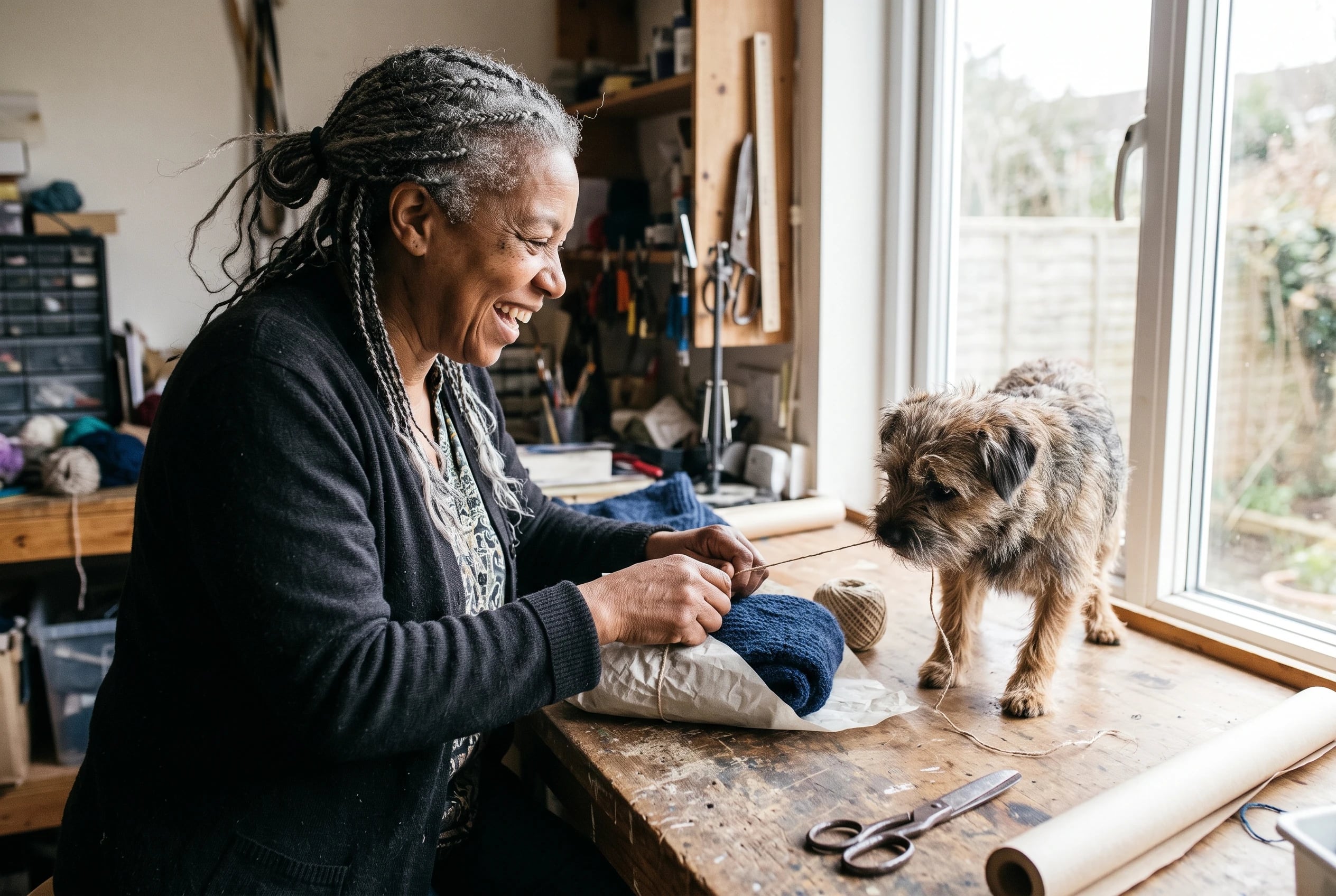 A woman wraps a handmade item for shipping at a home workbench.