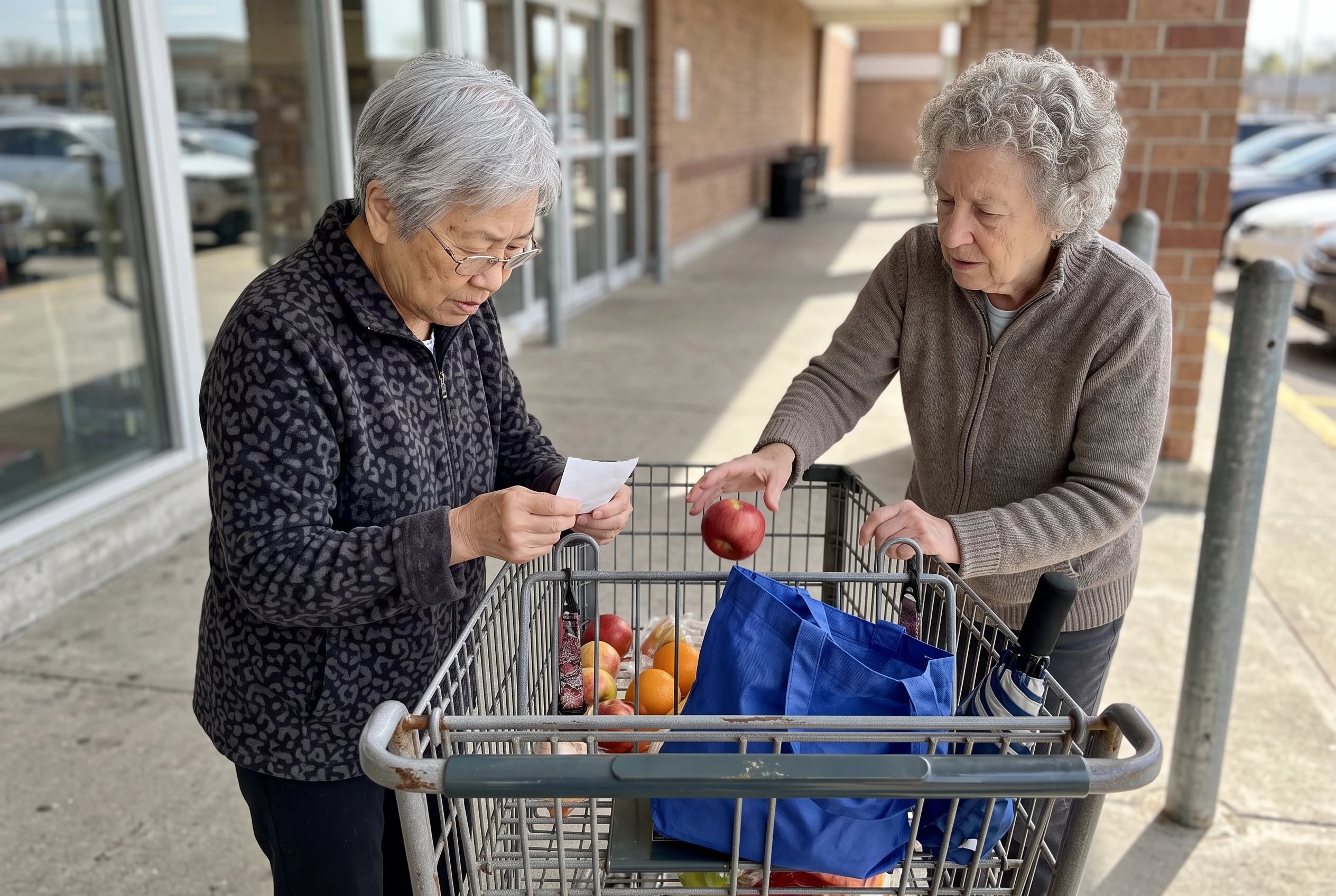 A woman checks a grocery receipt against items in her shopping cart.
