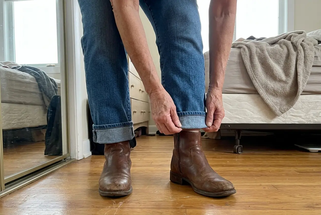 Woman sitting on her front steps cuffing black jeans above her ankle boots.