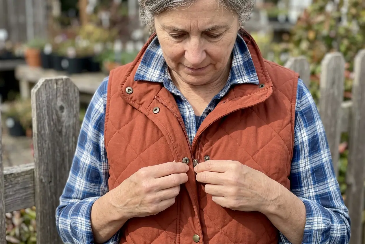 Woman in a plaid flannel shirt and quilted vest raking leaves in her front yard.