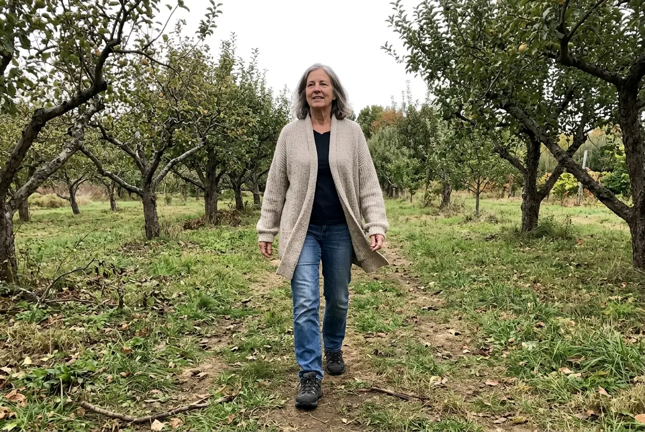 Woman in a hip-length cardigan and dark jeans lifting a pumpkin in a muddy pumpkin patch.