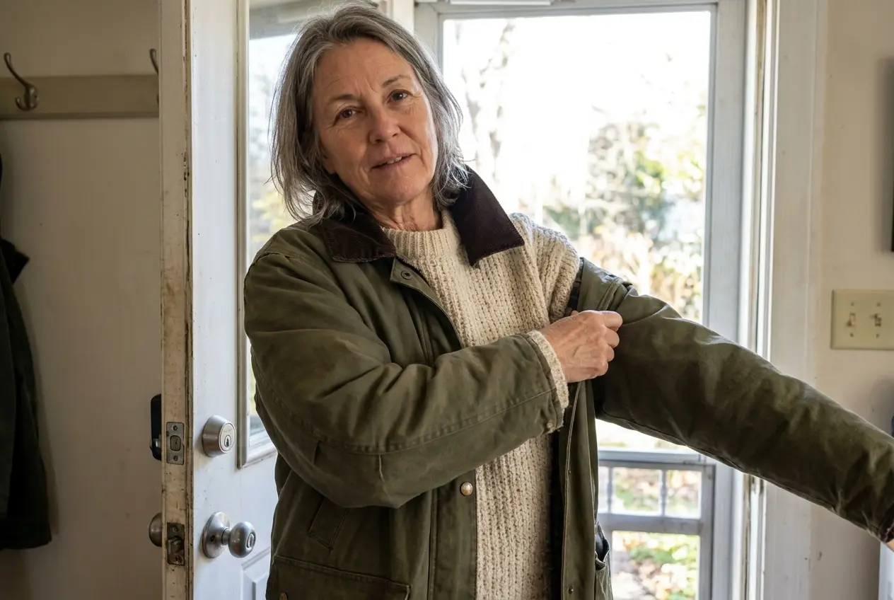 Woman in a canvas barn jacket and oatmeal sweater walking a dog along a wooded trail.