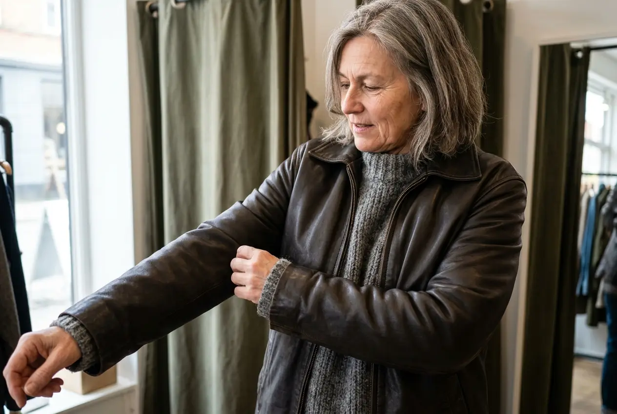 Woman in a black leather moto jacket over a camel crewneck locking her front door on her way out.