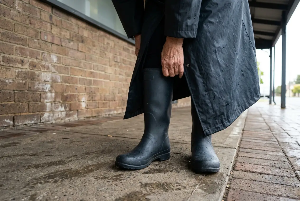 Woman in a water-resistant car coat and tall boots stepping over a puddle on a rainy main street.