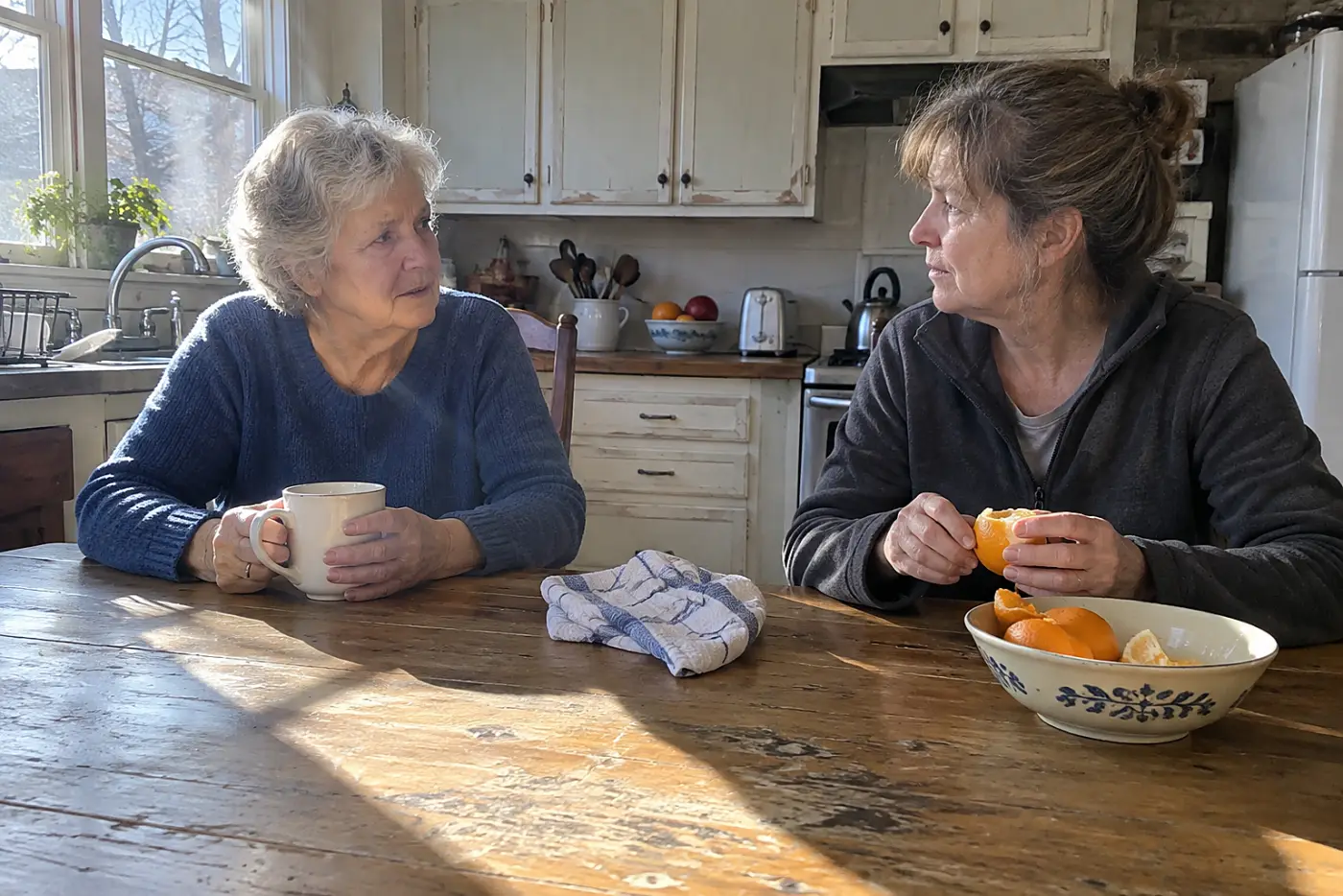 Older woman asking her daughter a question across a kitchen table.