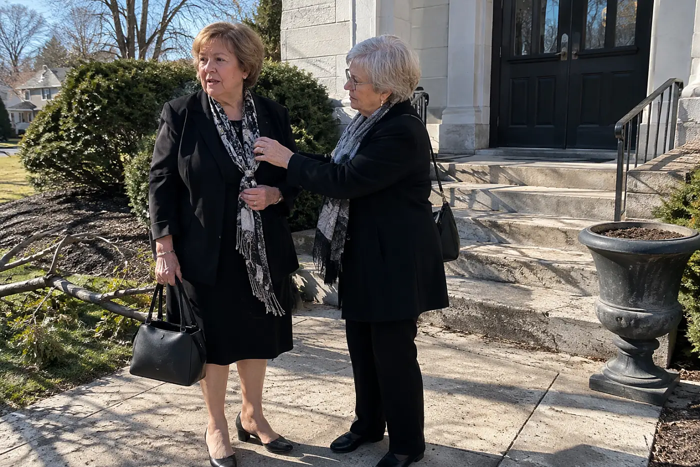 A woman in her 60s standing outside a neighborhood funeral home, speaking with a companion, with no signs visible.