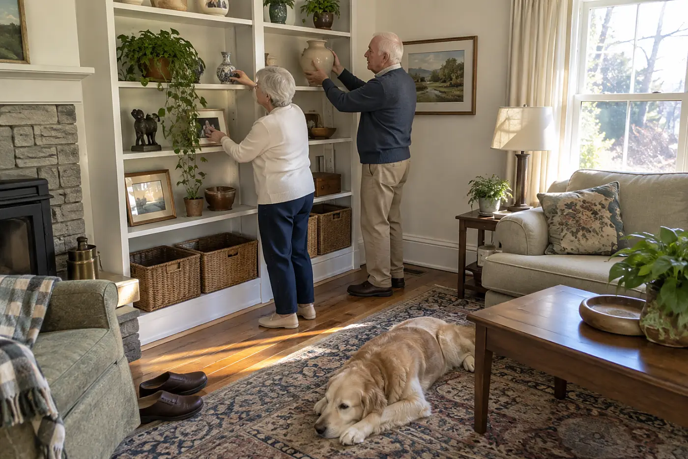 A man in his 70s placing an unmarked urn on a shelf in his living room.