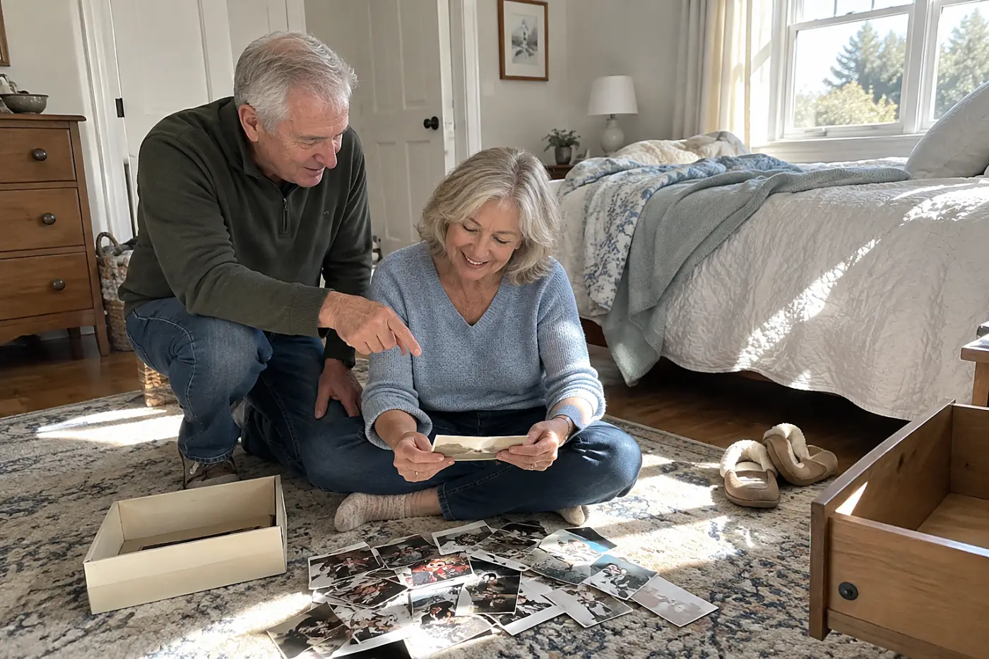 A woman in her 60s looking through family photographs on her bedroom floor.