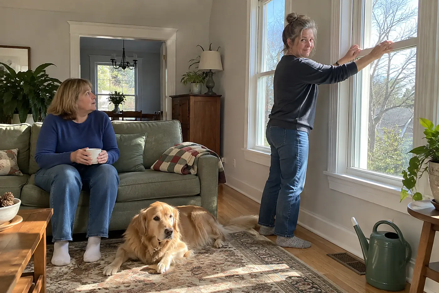 A woman in her fifties presses an upper window sash into place in a living room.