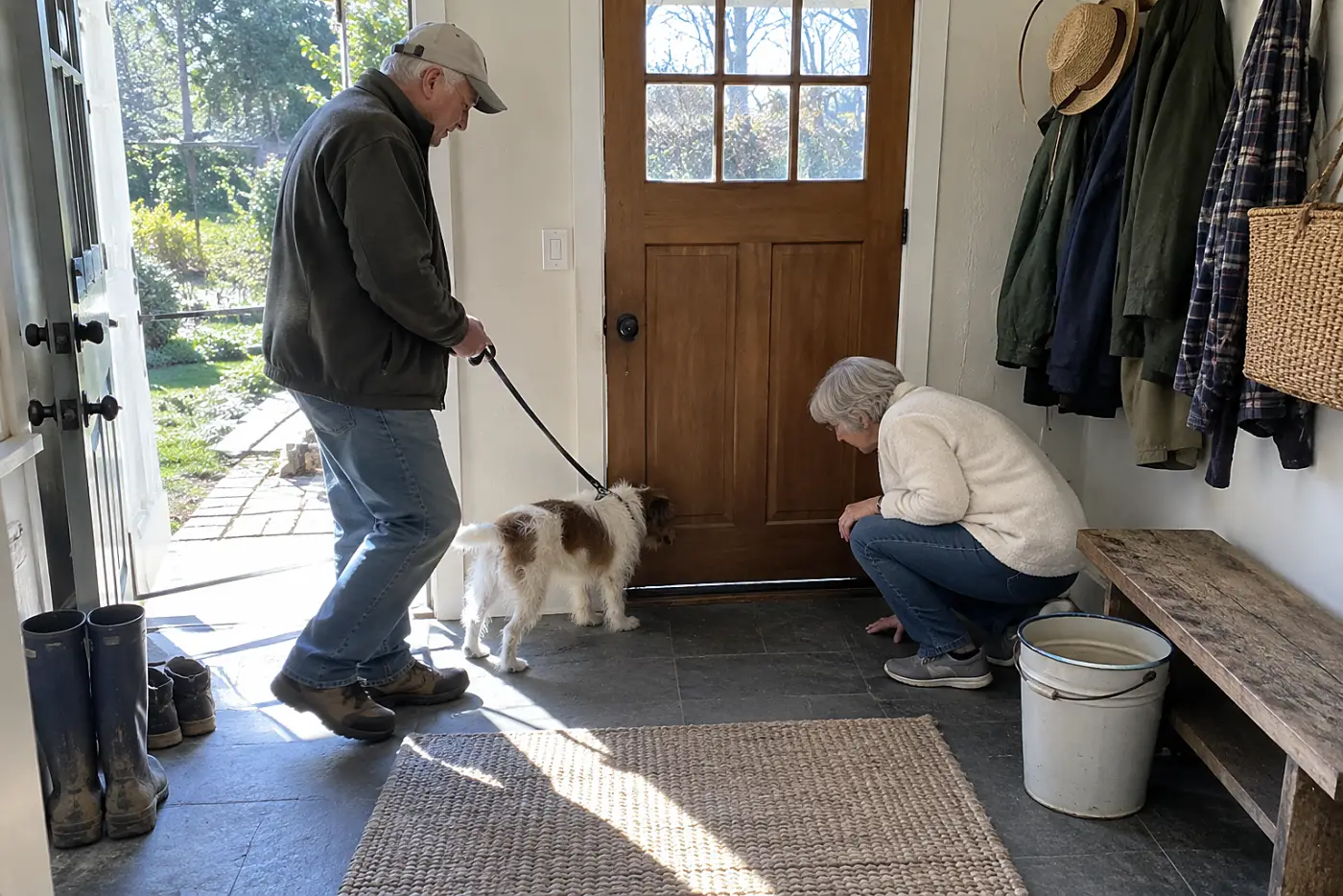 A woman in her seventies crouches to inspect the bottom of a back door in a mudroom.
