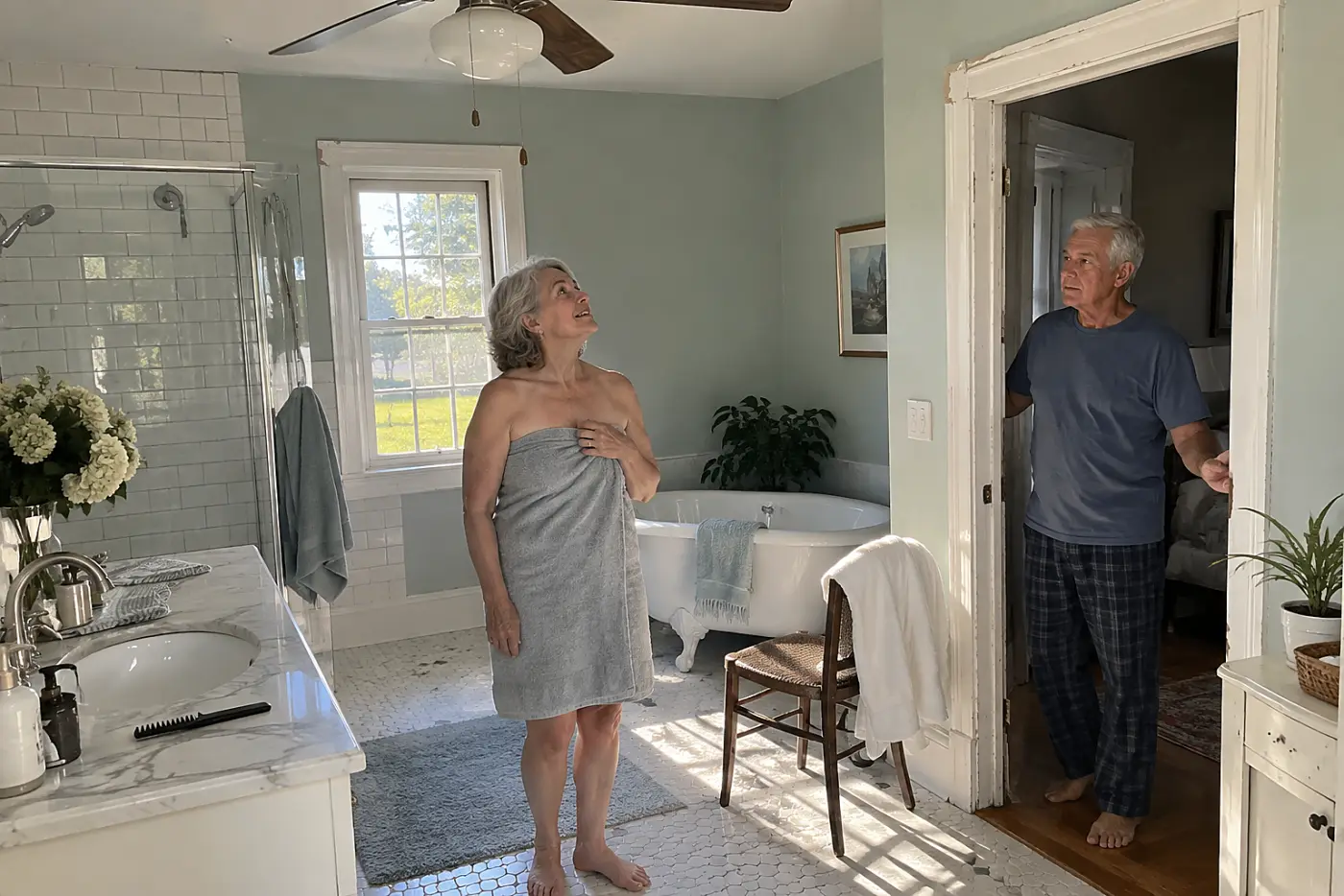 A woman in her sixties looks up at a bathroom ceiling fan after a shower.