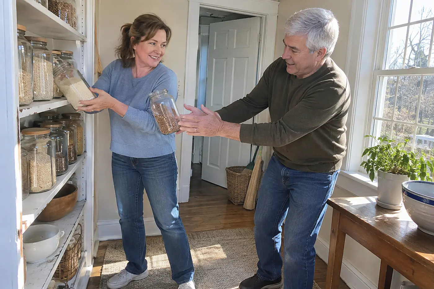 A woman in her fifties moves food packages away from a pantry shelf.