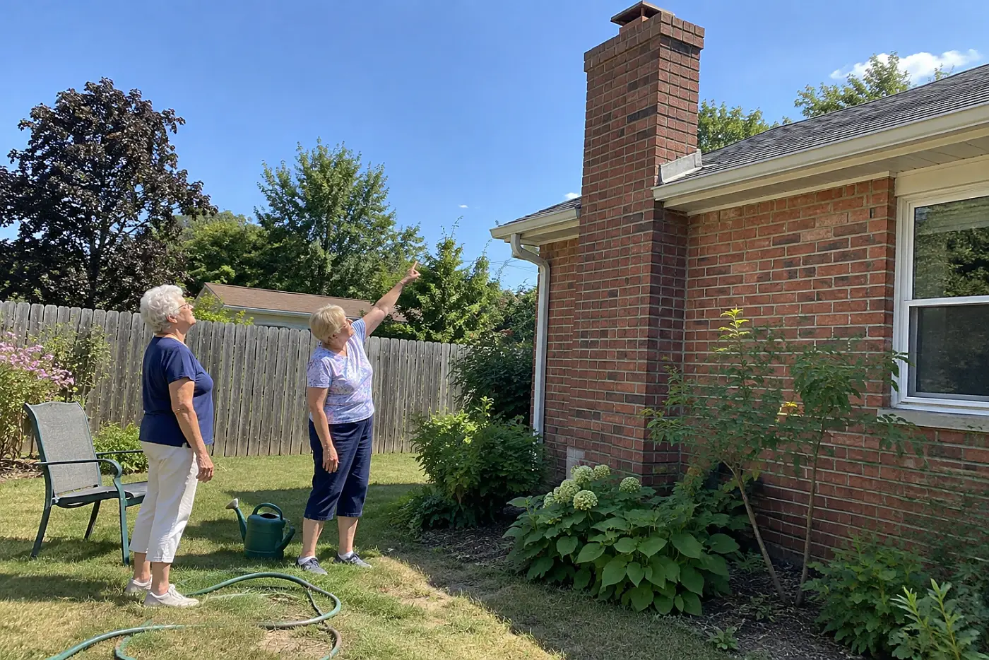 A woman in her seventies looks up at a chimney from her backyard.