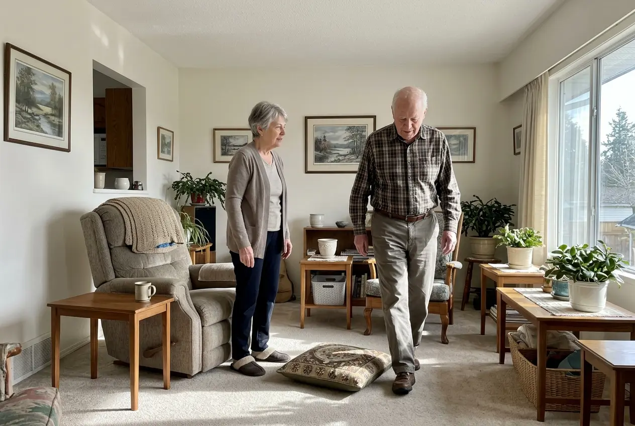 Older woman making small hip circles beside a sturdy chair in her living room.