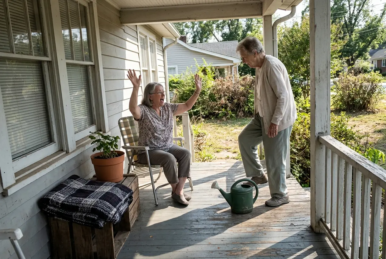Older woman waving her arms while seated in a chair on a covered porch.