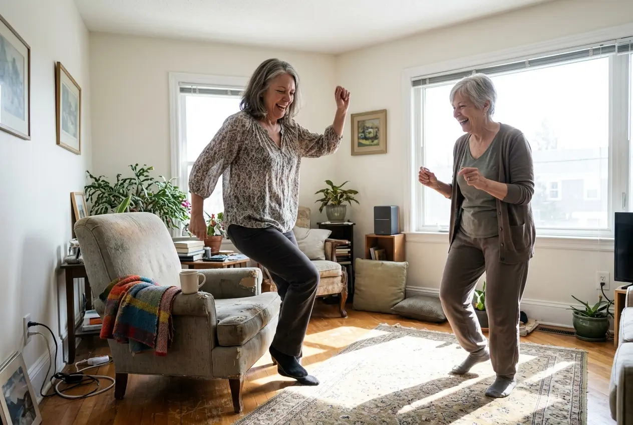 Older woman dancing from a chair in her living room while music plays nearby.