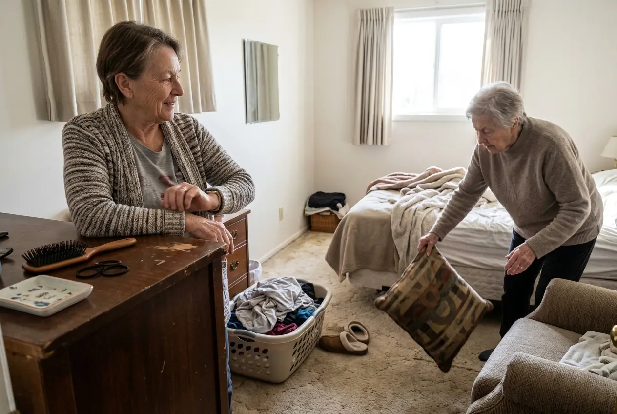 Older woman moving her wrist with her forearm supported on a dresser.