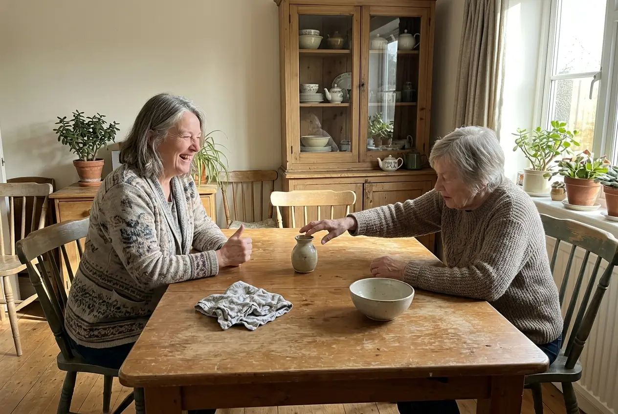 Older woman lifting her thumb from a tabletop in a dining room.