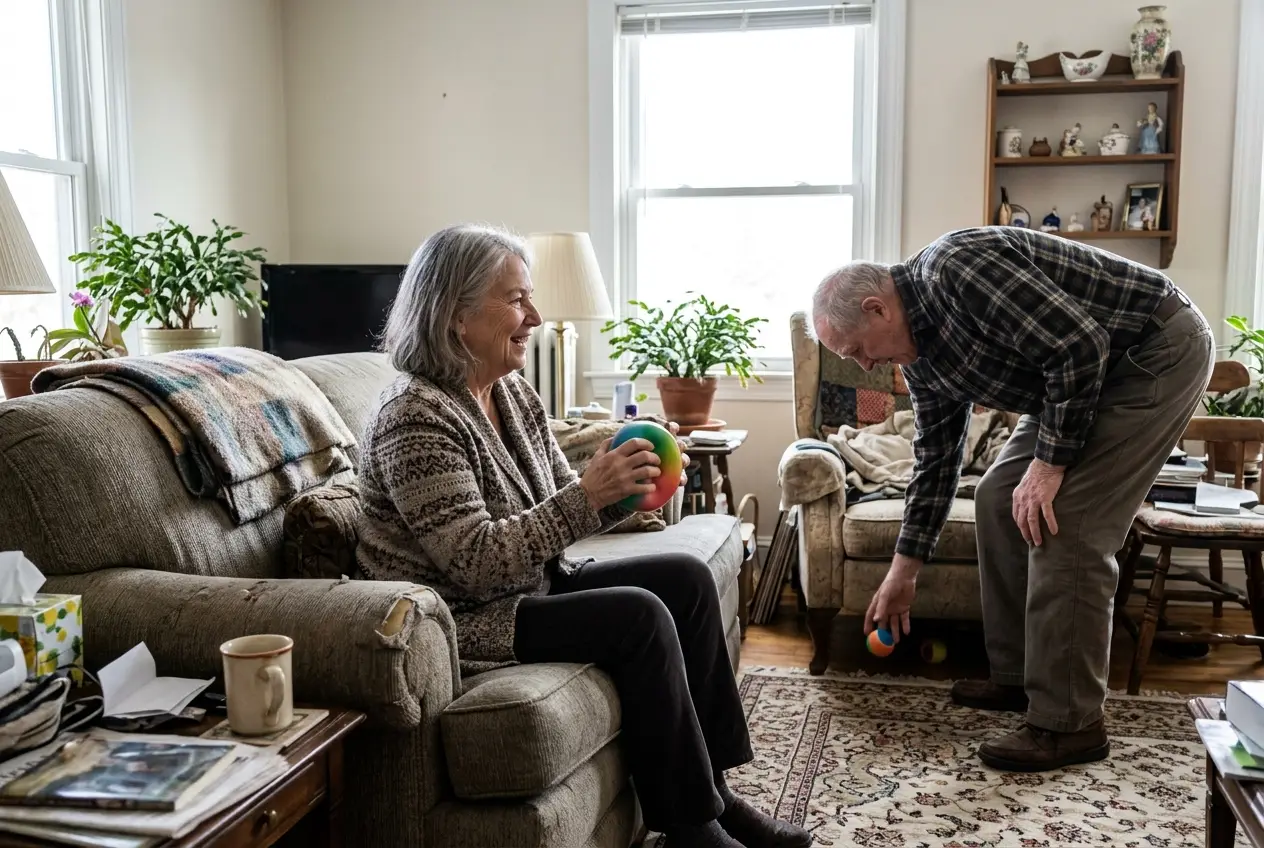 Older woman squeezing a soft ball while seated on a sofa.