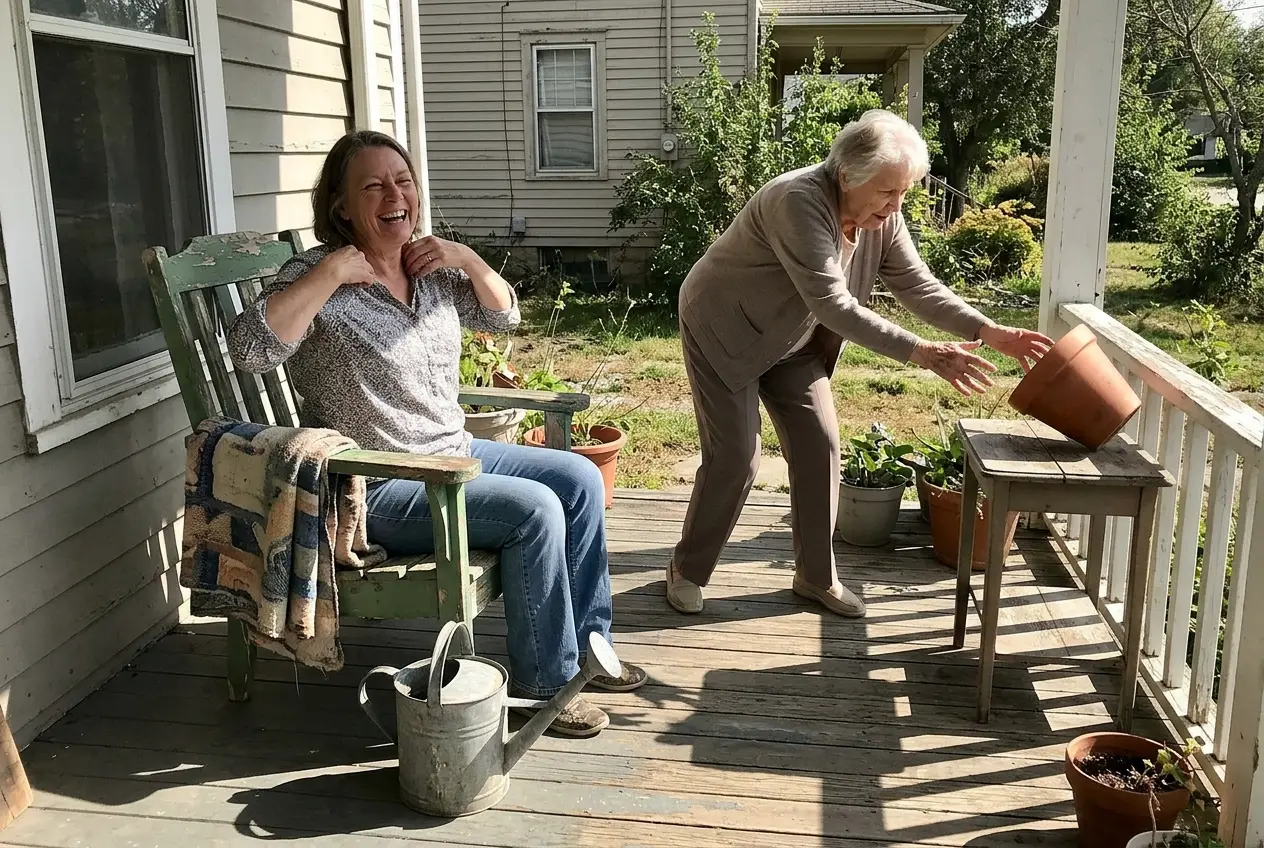 Older woman rolling her shoulders while seated on a porch chair.