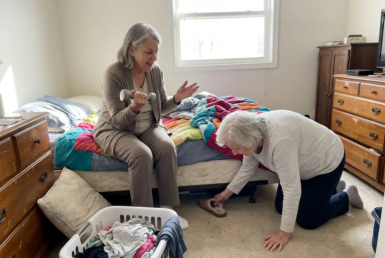 Older woman curling a light dumbbell while seated in her bedroom.